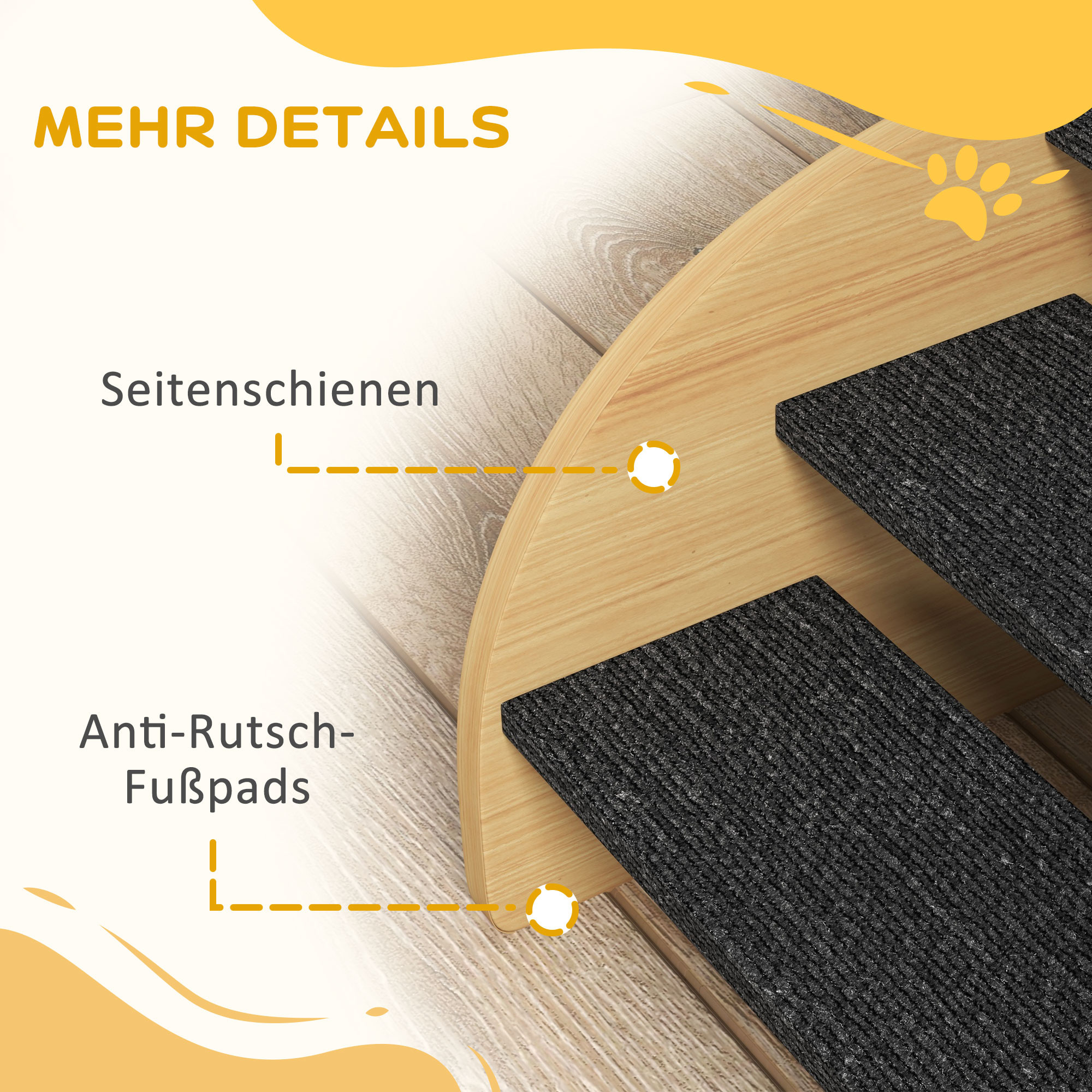 Haustiertreppe Hundetreppe, 3 Stufen, kleiner Hund, 38,5 cm x 38,5 cm x 30 cm, Eiche + Schwarz