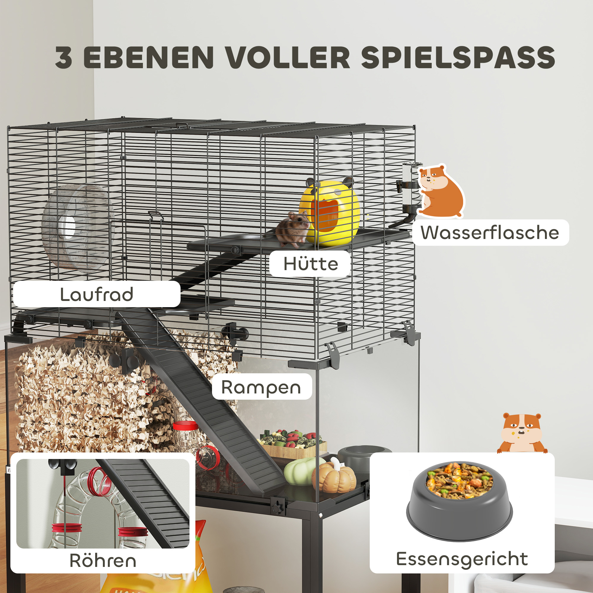 Hamsterkäfig, Kleintiergehege mit 3 Ebenen, Laufrad, Hütte, Plattformen, Rampen, Futterschale, Wasserflasche, Zubehör, Stahl, Kunststoff, Schwarz