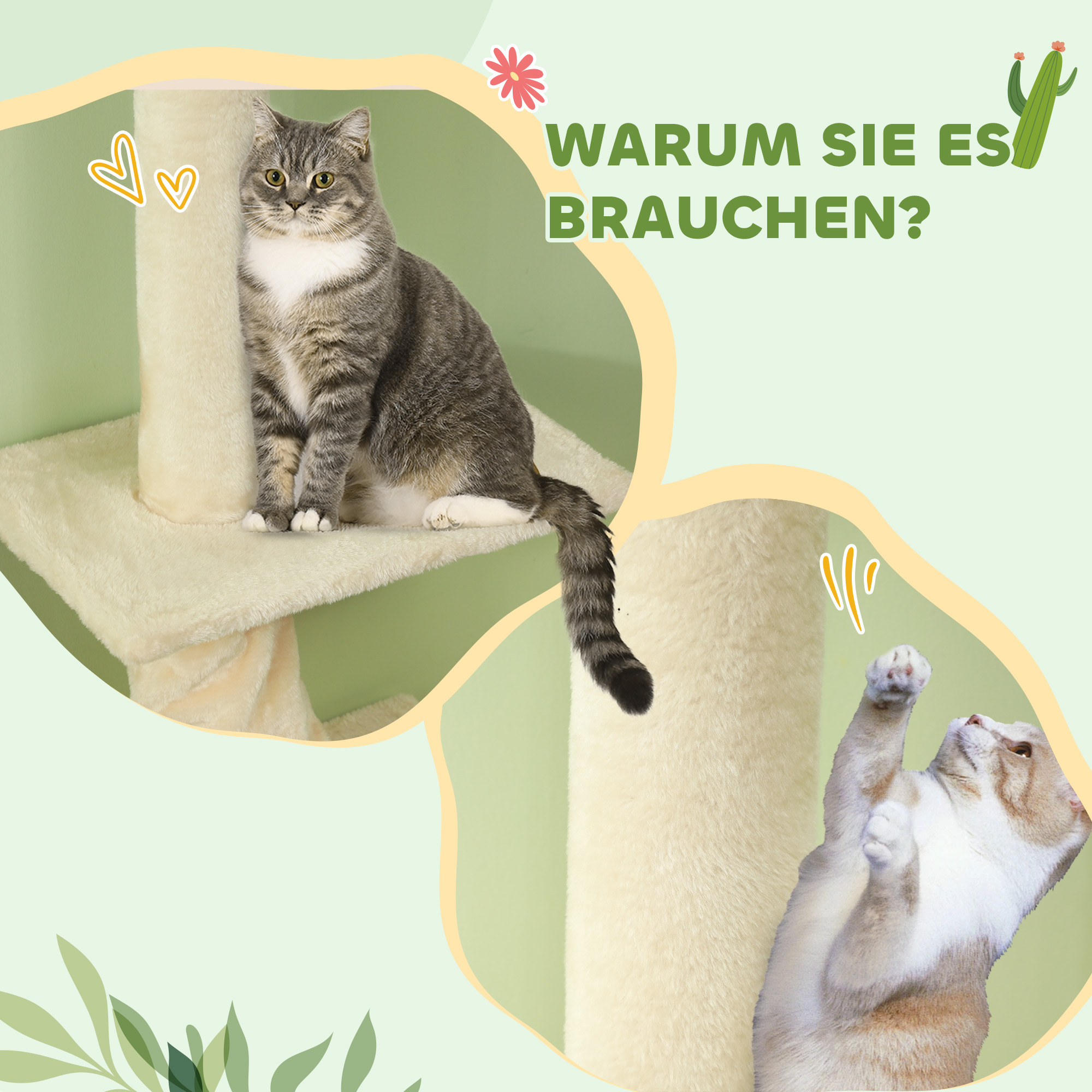 Kratzbaum, verstellbare Höhe 225-275 cm, stabile Basis, Kippschutz, Plüschbezug, Cremeweiß