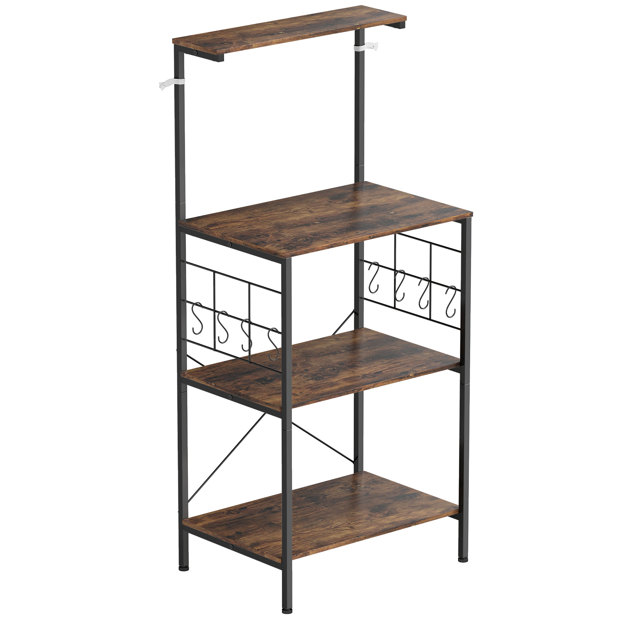 Küchenregal, 4-stufiges Design, Arbeitsplatte, 8 Haken, Metallrohre, Braun+Schwarz Küchenregal, 4-stufiges Design, Arbeitsplatte, 8 Haken, Metallrohre, Braun+Schwarz