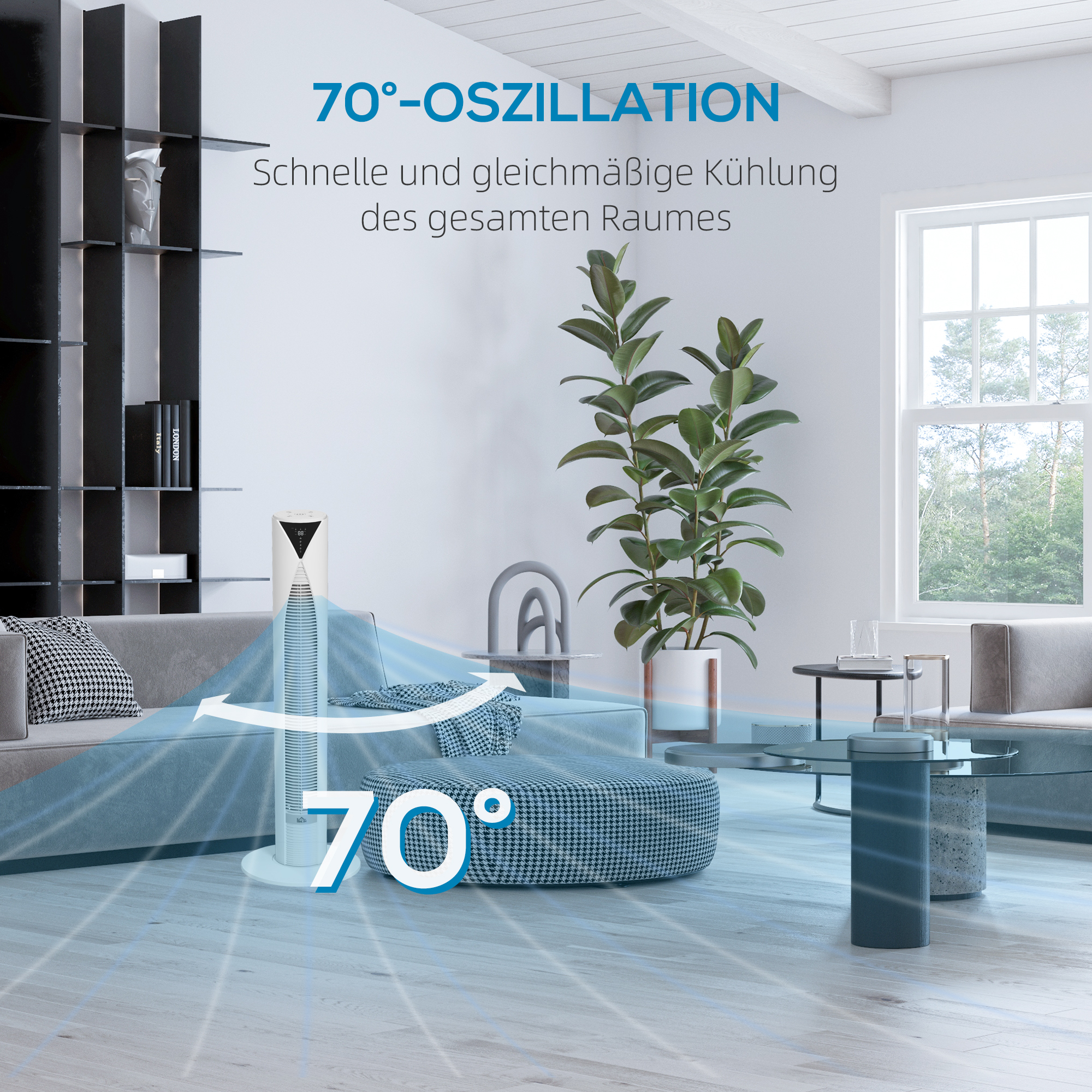70° oszillierender Turmventilator mit Fernbedienung 4 Modi 3 Geschwindigkeiten Timer 31,5 x 31,5 x 96 cm Weiß