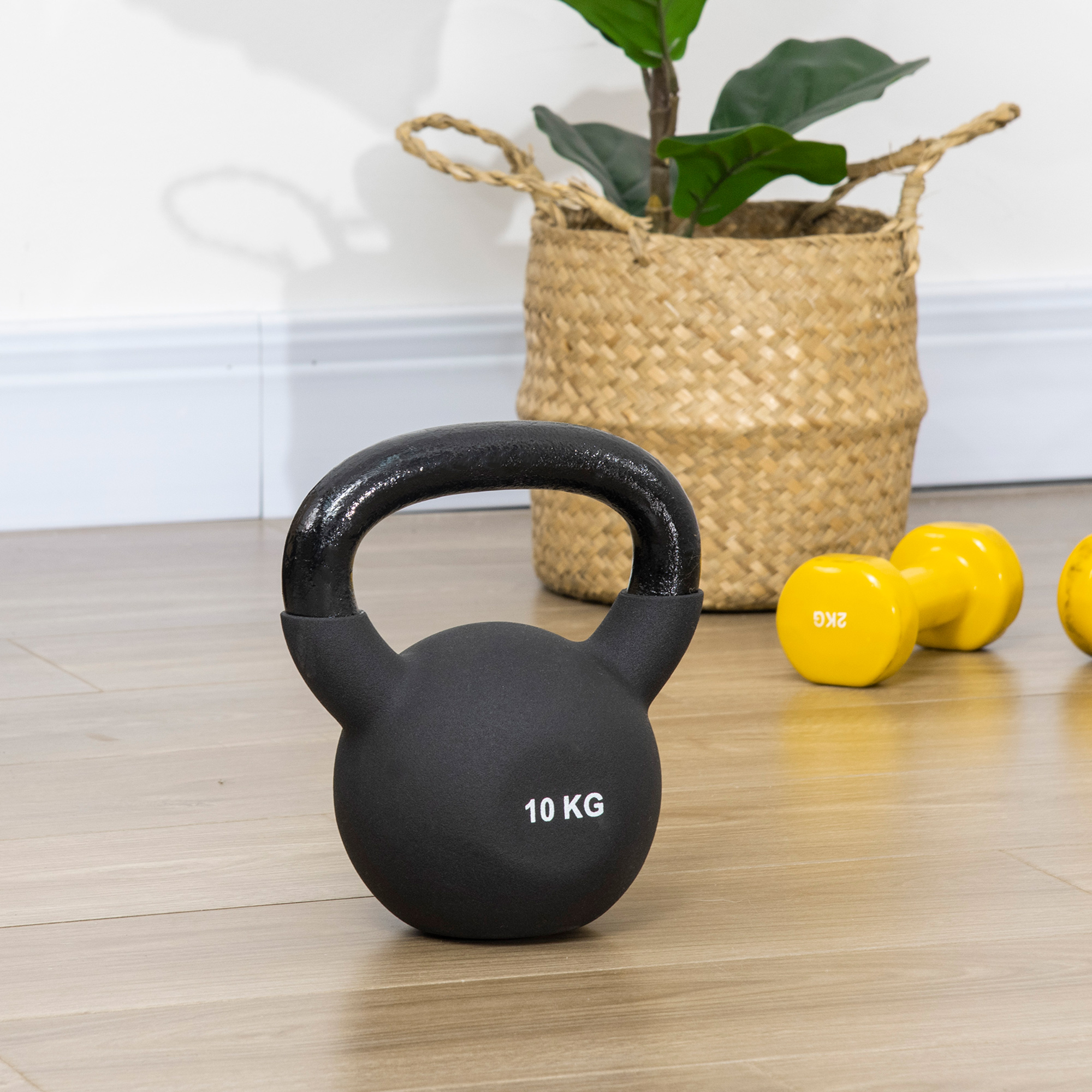 Kettlebell, Kugelhantel, 10 kg, mit Kunststoffummantelung, Stahl, schwarz 19 x 12 x 22cm