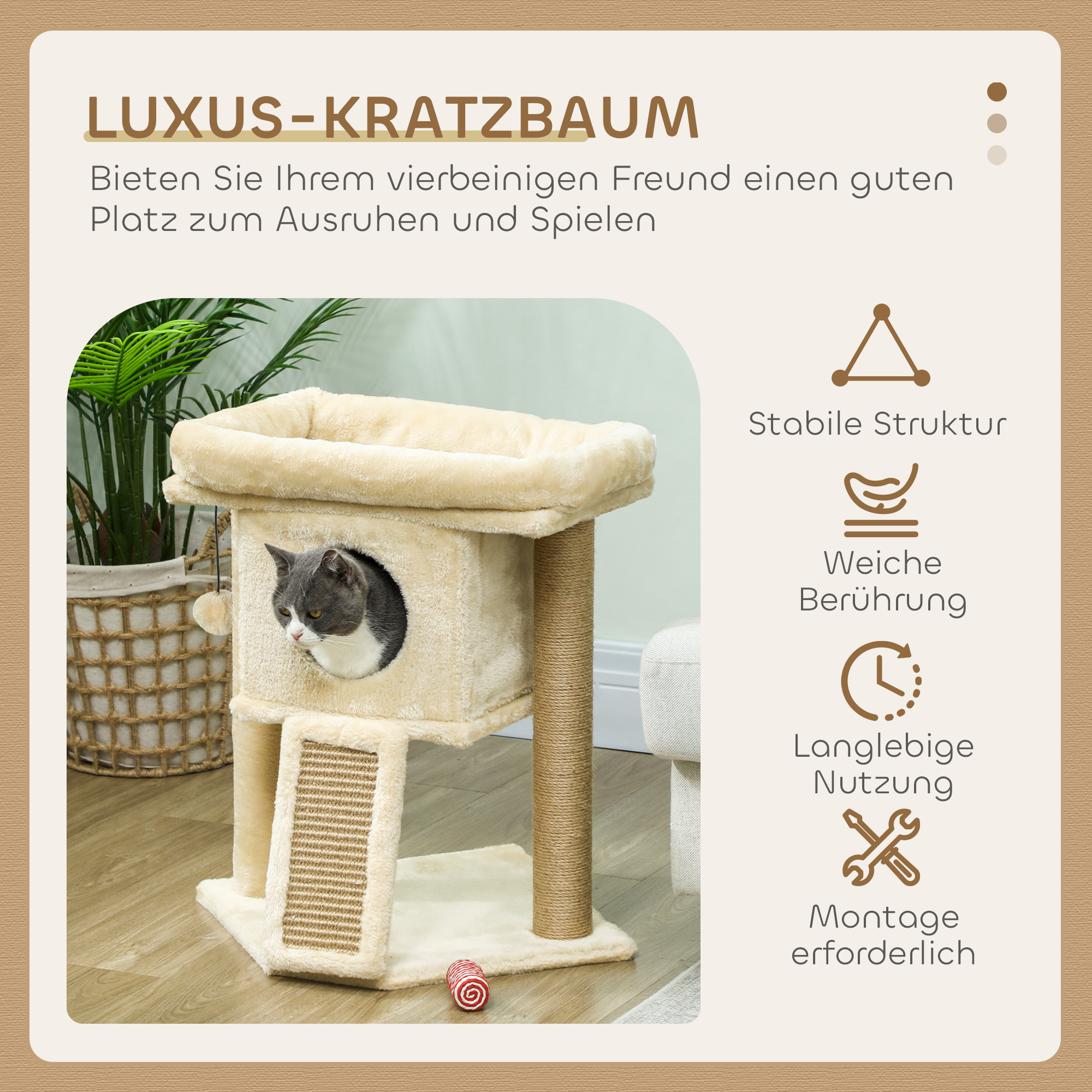 Kratzbaum mit Jute-Kratzmatte, Liegeplattform, Spielball, Katzenhaus, Beige, 40 x 40 x 57 cm