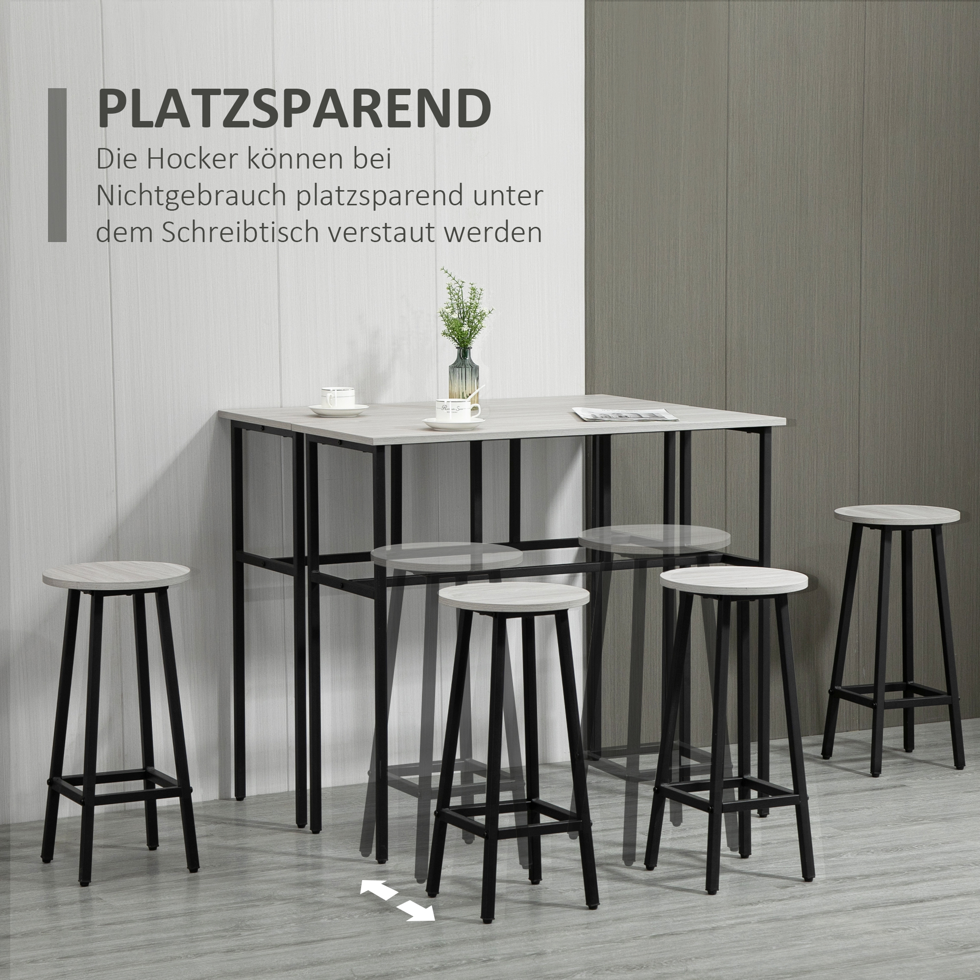 Bartisch-Set im Industriedesign, 6-teilig, 2 Tische und 4 Barhocker, Grau + Schwarz
