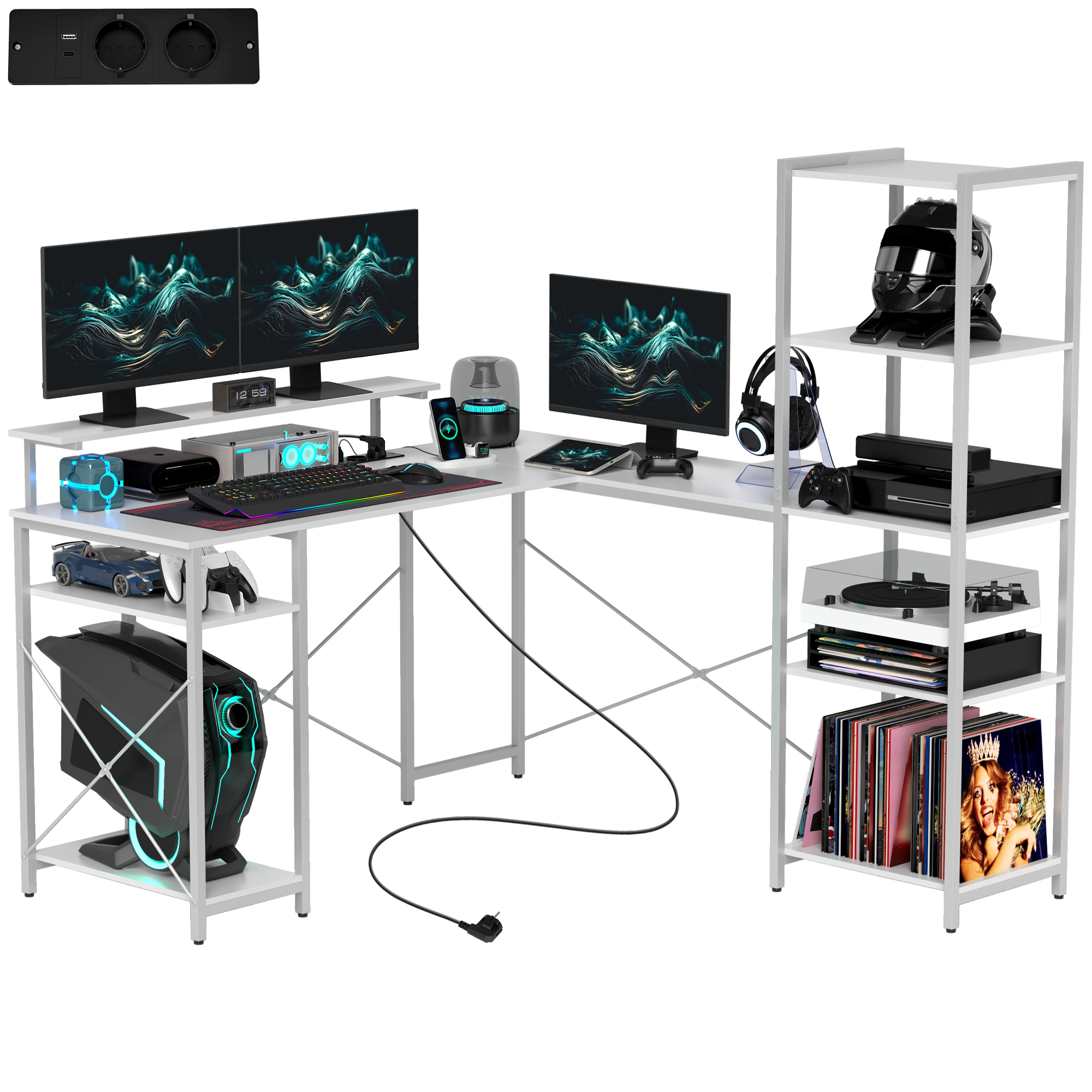 L-förmiger Schreibtisch mit Ladestation, Eck-Computertisch mit Monitorständer und Regalen, für Homeoffice, Büro, Weiß