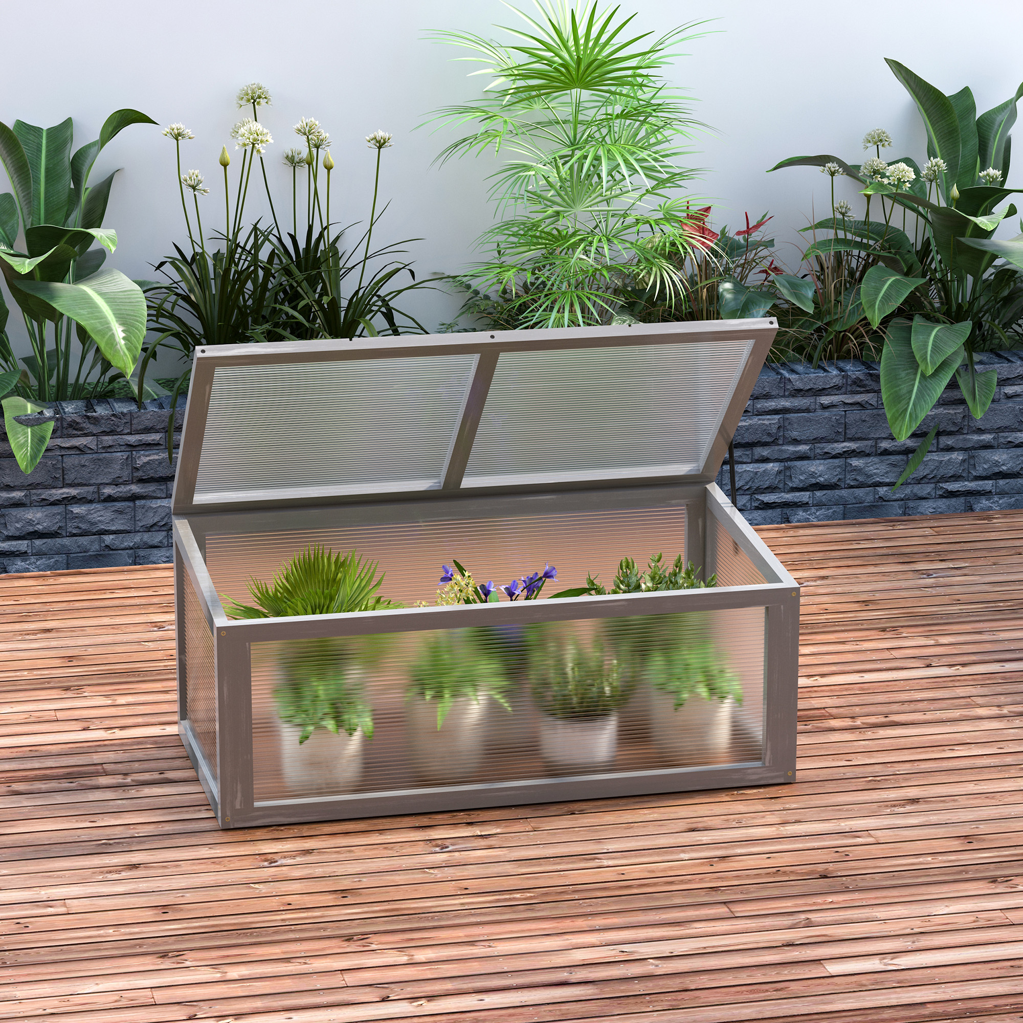 Frühbeet Holz und Polycarbonat Treibhaus 90 x 46 x 40 cm Gewächshaus mit Abdeckung wetterfest Frühbeetkasten für Garten Pflanzenbeet Grau