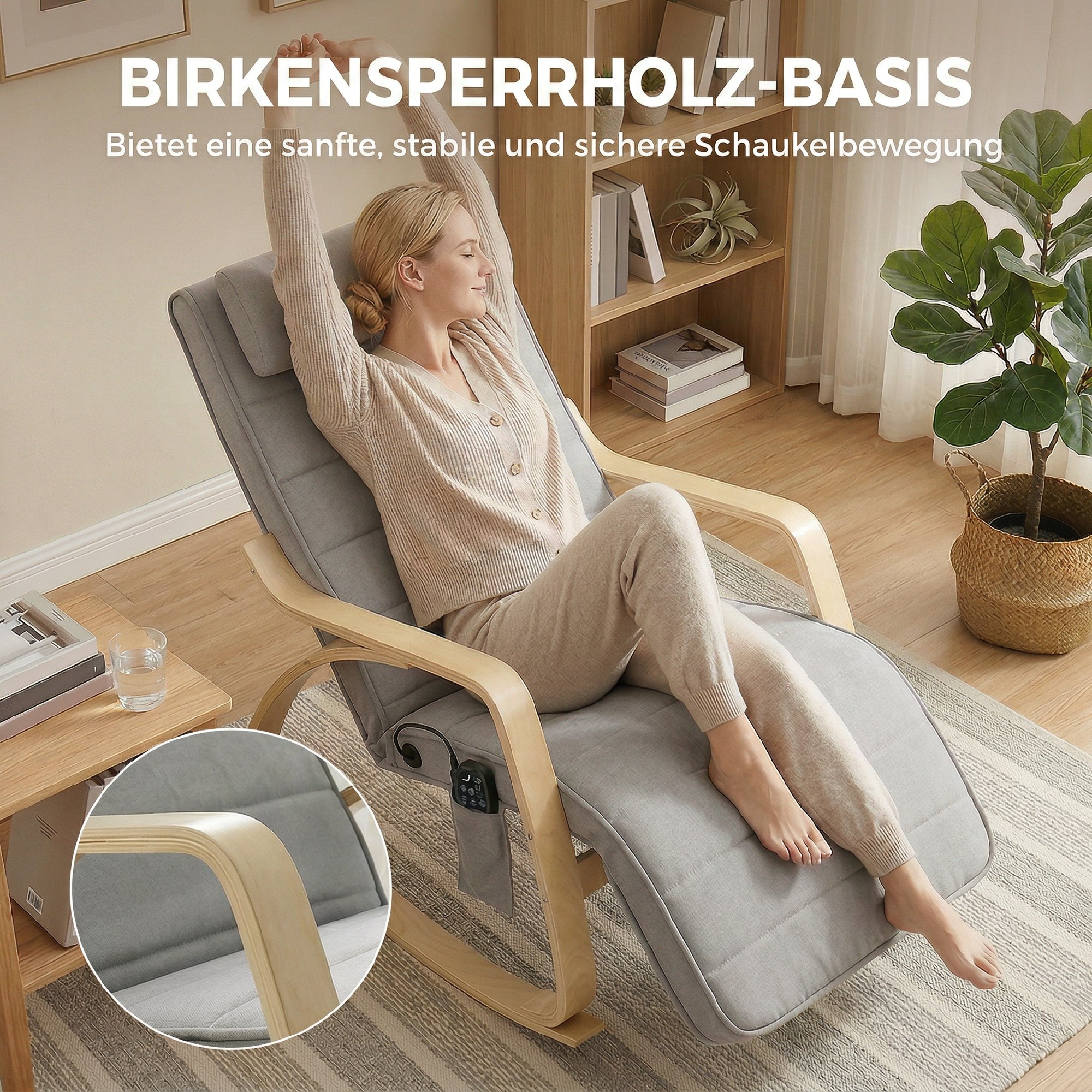 Schaukelstuhl mit Massage, Heizung, Kopfstütze & Fußstütze, Samtbezug, Relaxsessel, Hellgrau