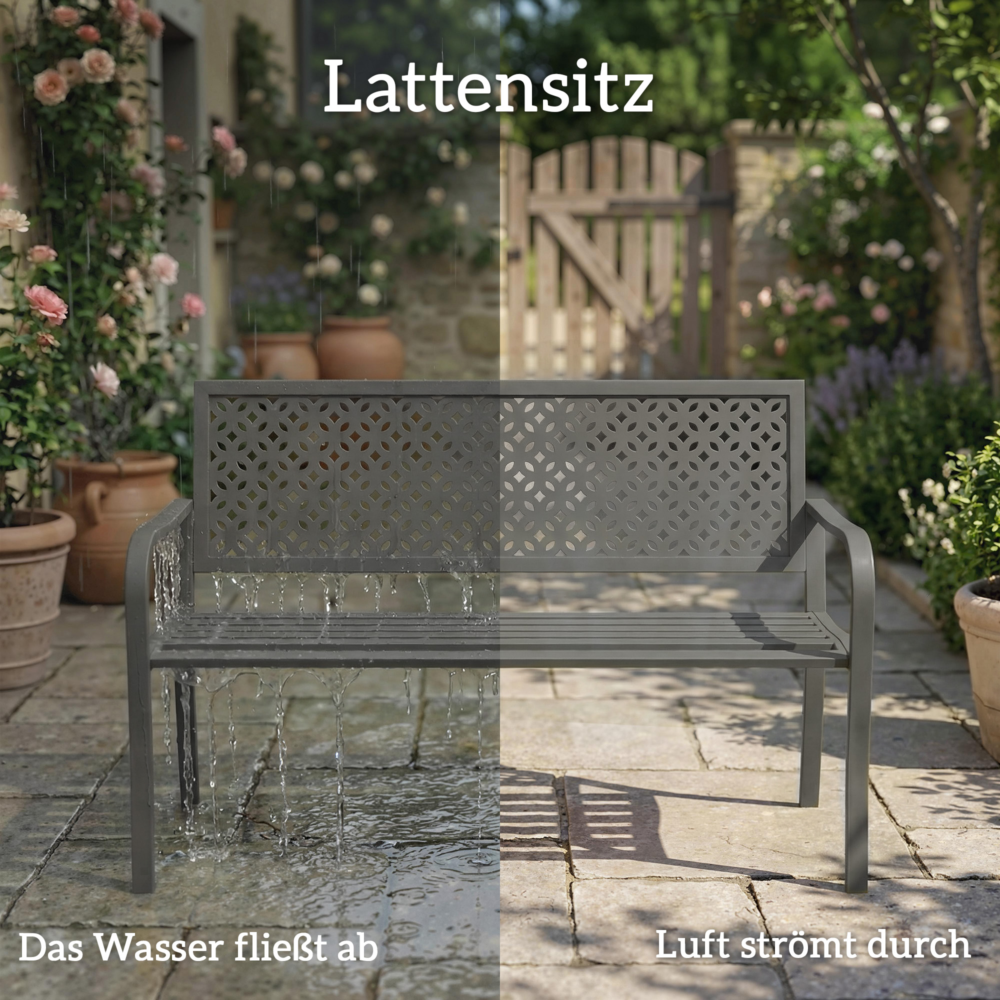 Gartenbank 2-Sitzer Metall wetterfest Outdoor Sitzbank mit rostbeständiger Rückenlehne, Geometrisch bis 240 kg