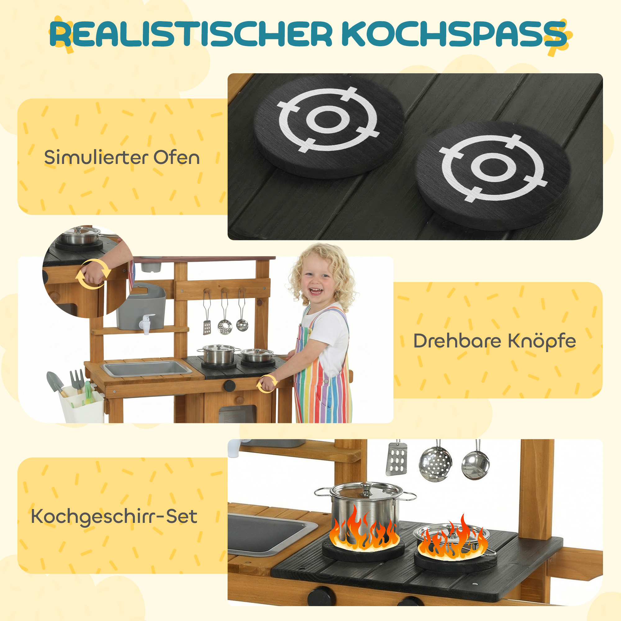 Matschküche Kinder Outdoor Spielküche aus Holz mit Wasserhahn Spüle Pflanzkasten Rädern Stauraum für 3-6 Jahre Braun