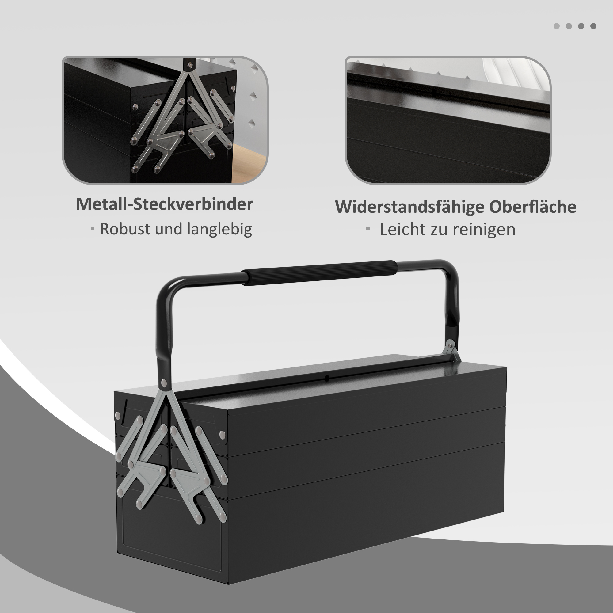 Werkzeugkiste, Werkzeugkoffer mit 3 Etagen, Stahl, 56L x 20B x 41H cm, Schwarz