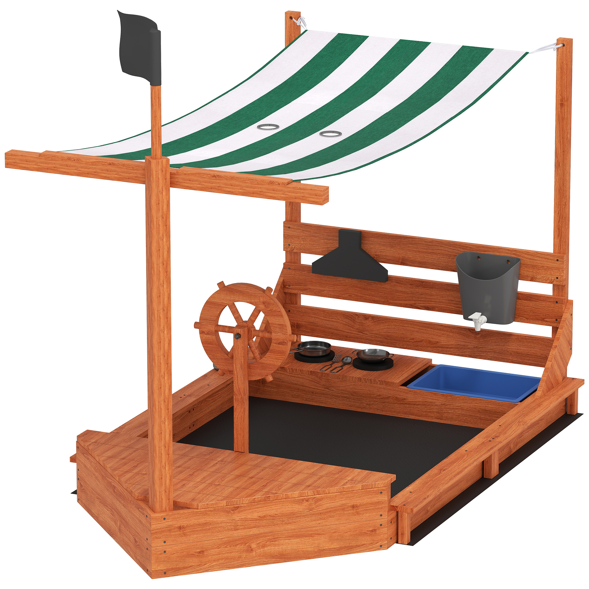 Sandkasten mit Sonnendach Piratenschiff, inkl. Kinderküchenspielset, Massivholz, 180 x 103 x 144,5 cm, Grün Sandkasten mit Sonnendach Piratenschiff, inkl. Kinderküchenspielset, Massivholz, 180 x 103 x 144,5 cm, Grün