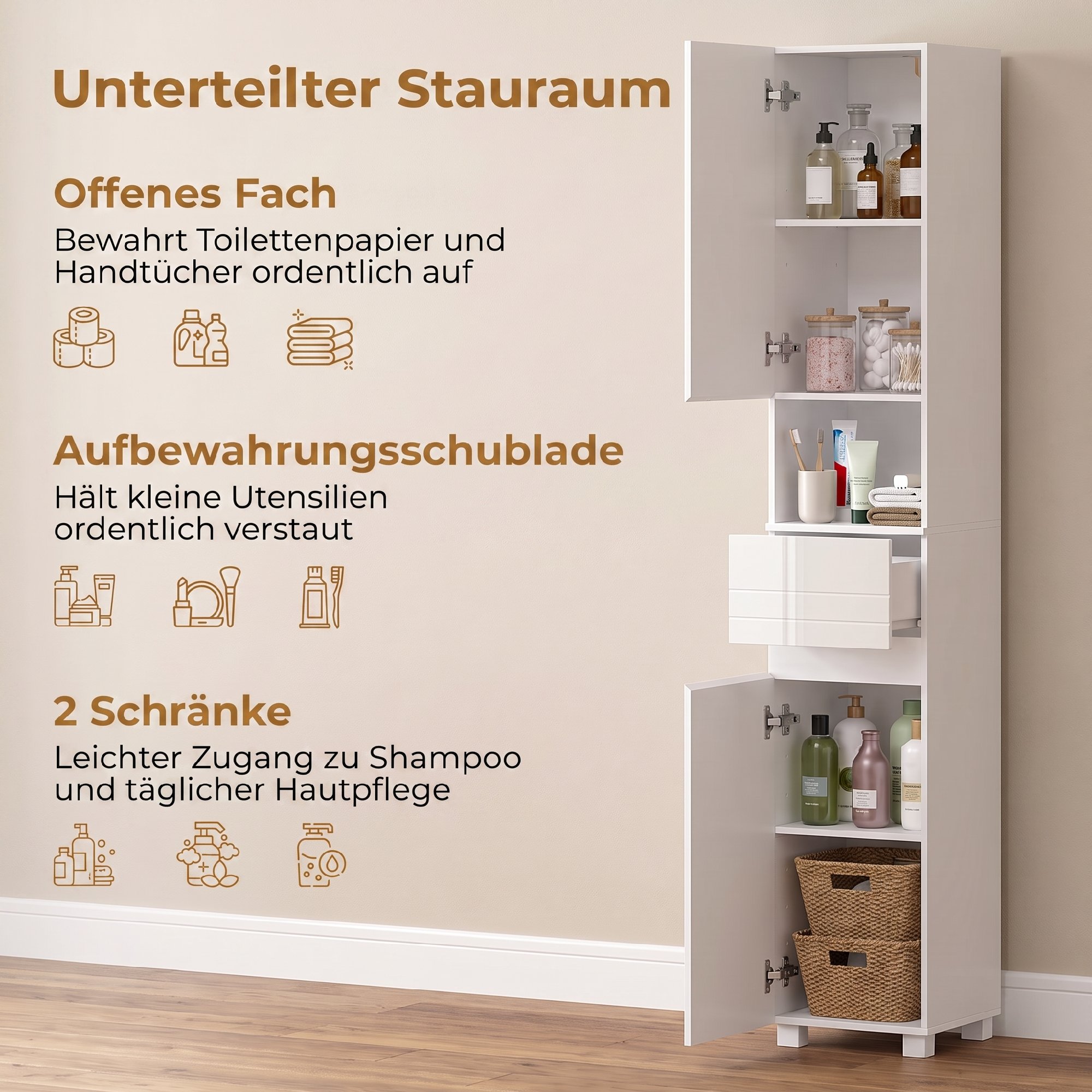 Badezimmerschrank Schmaler Badschrank mit verstellbaren Einlegeböden, 30 x 30 x 170 cm, Weiß