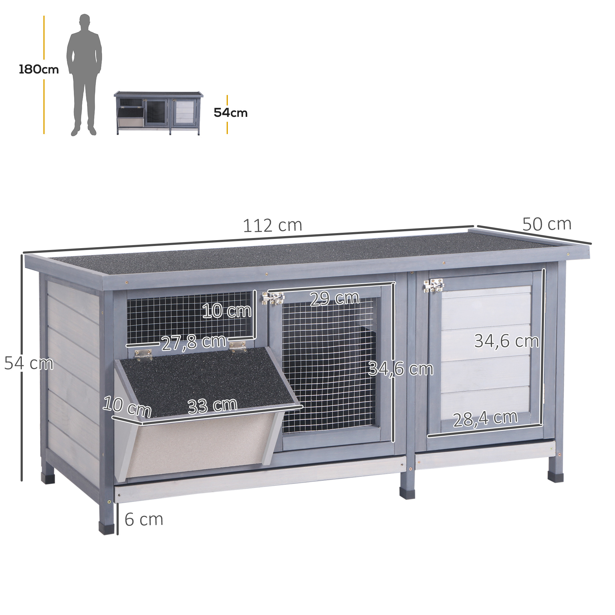Hasenstall Winterfest Kaninchenstall aus Holz 112x50x54 cm Kaninchenkäfig mit Bitumendach, 2 Türen, Metallgitter, Hasenkäfig für Kaninchen, Meerschweinchen Outdoor Grau+Schwarz