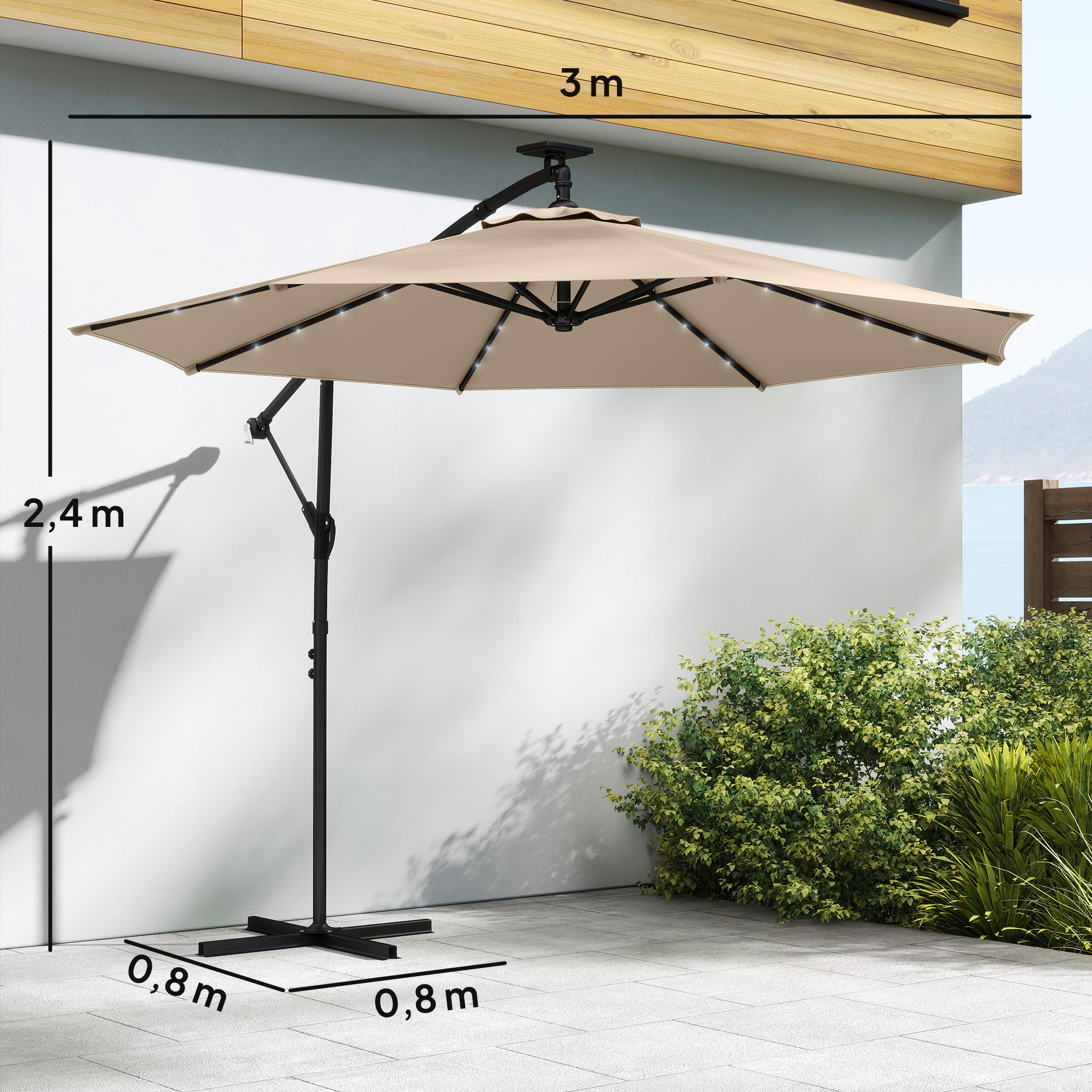 Ampelschirm LED Solar ca. Ø300 cm Drehbar Sonnenschirm mit Kurbel Ständer Schutzhülle Beige