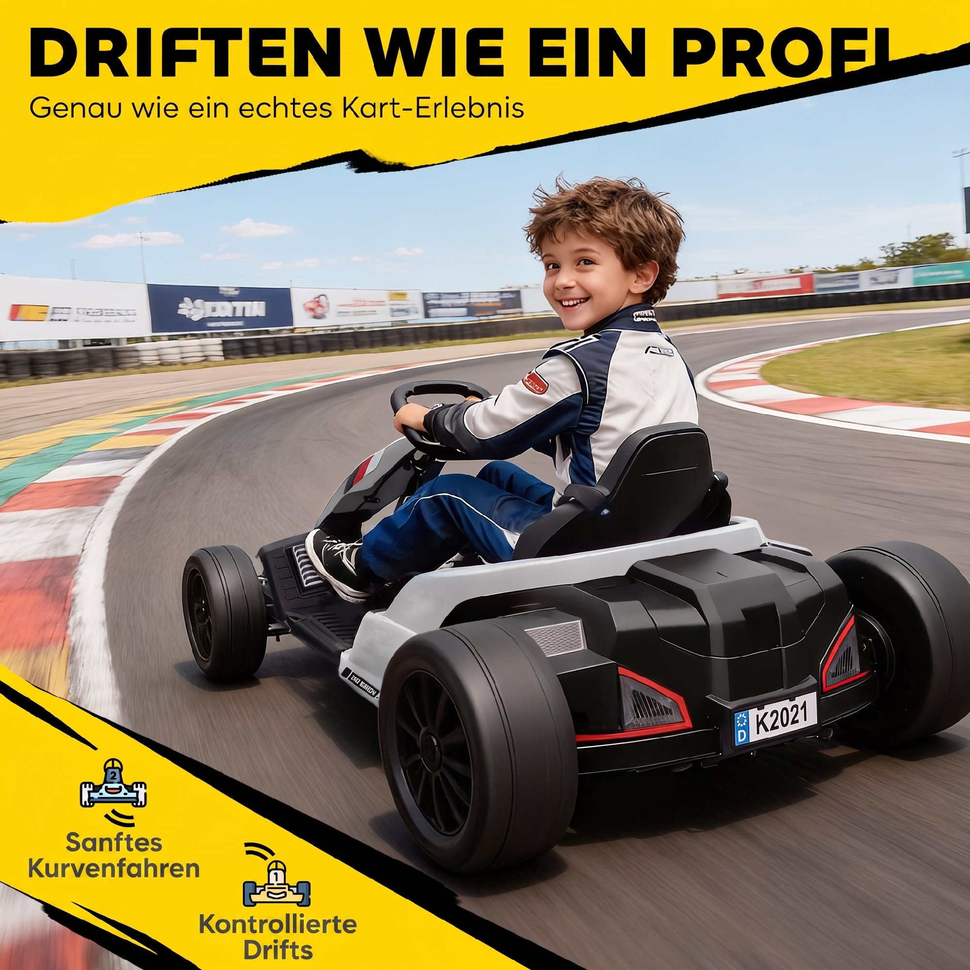 24 V Elektro Go-Kart für Kinder Bis 18 Km/h Gokart mit Drift-Funktion, Drift-Kart mit 2 Motoren verstellbar Sitz Weiß