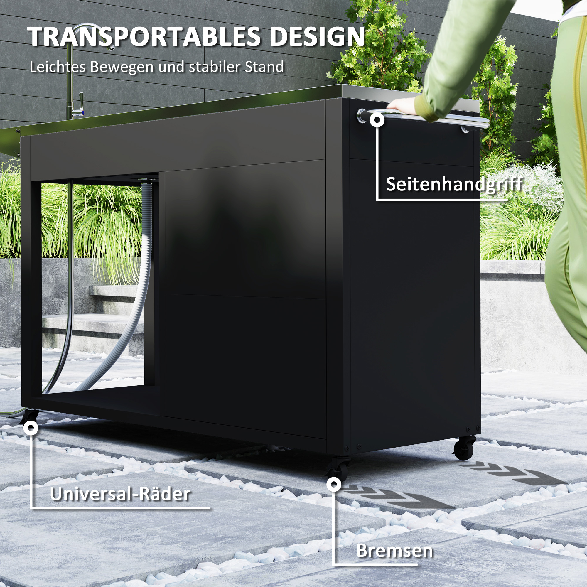 Grillwagen Servierwagen mit Arbeitsfläche Seitenblatt Schrank Spüle Räder, Edelstahl 162,5x47x87cm Schwarz