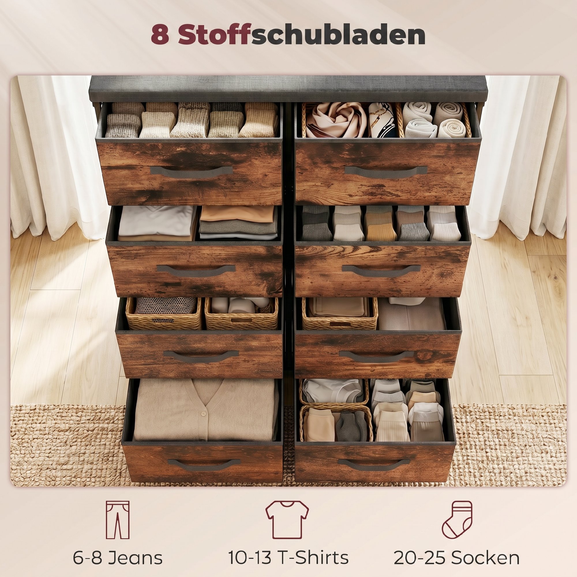 Kommode mit 8 Schubladen, Stoffkommode mit Metallgestell, für Schlafzimmer & Wohnzimmer, Vintage Braun