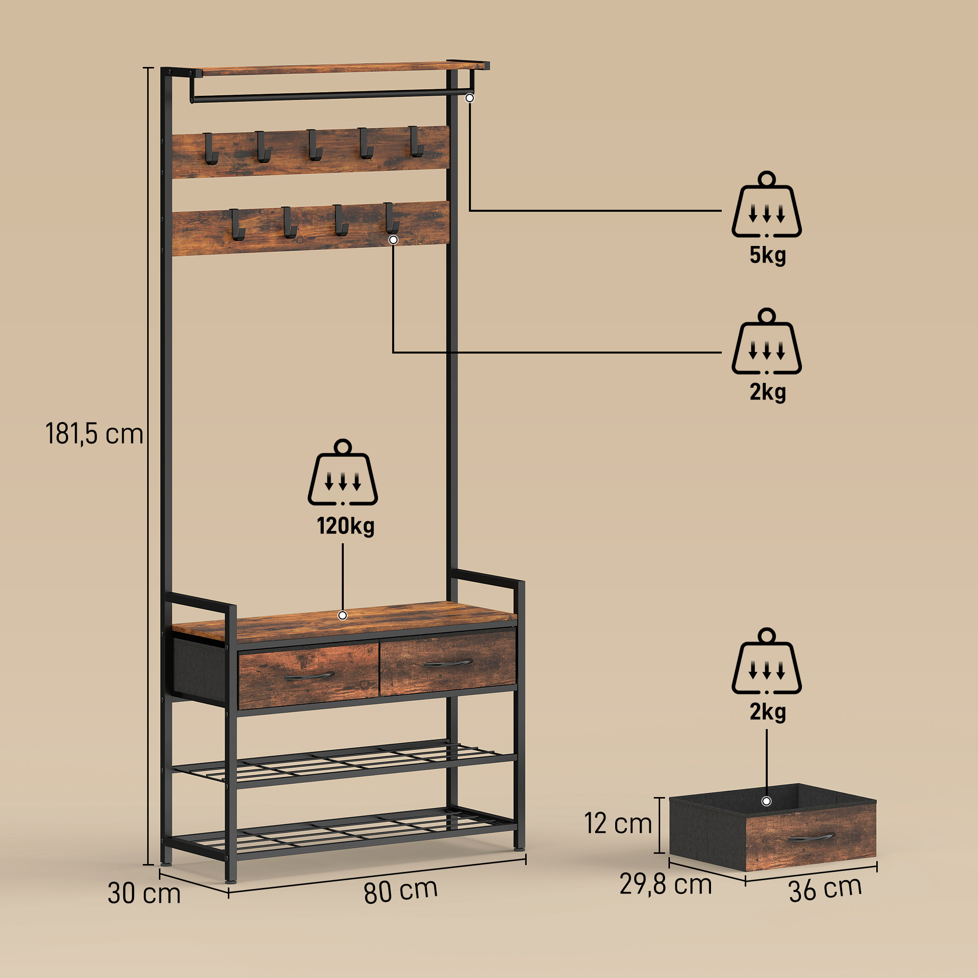 Garderobenständer mit Kleiderhaken, Schuhbank, Industrieller Eingangs-Organizer, Stahlrahmen, Rustikal Braun