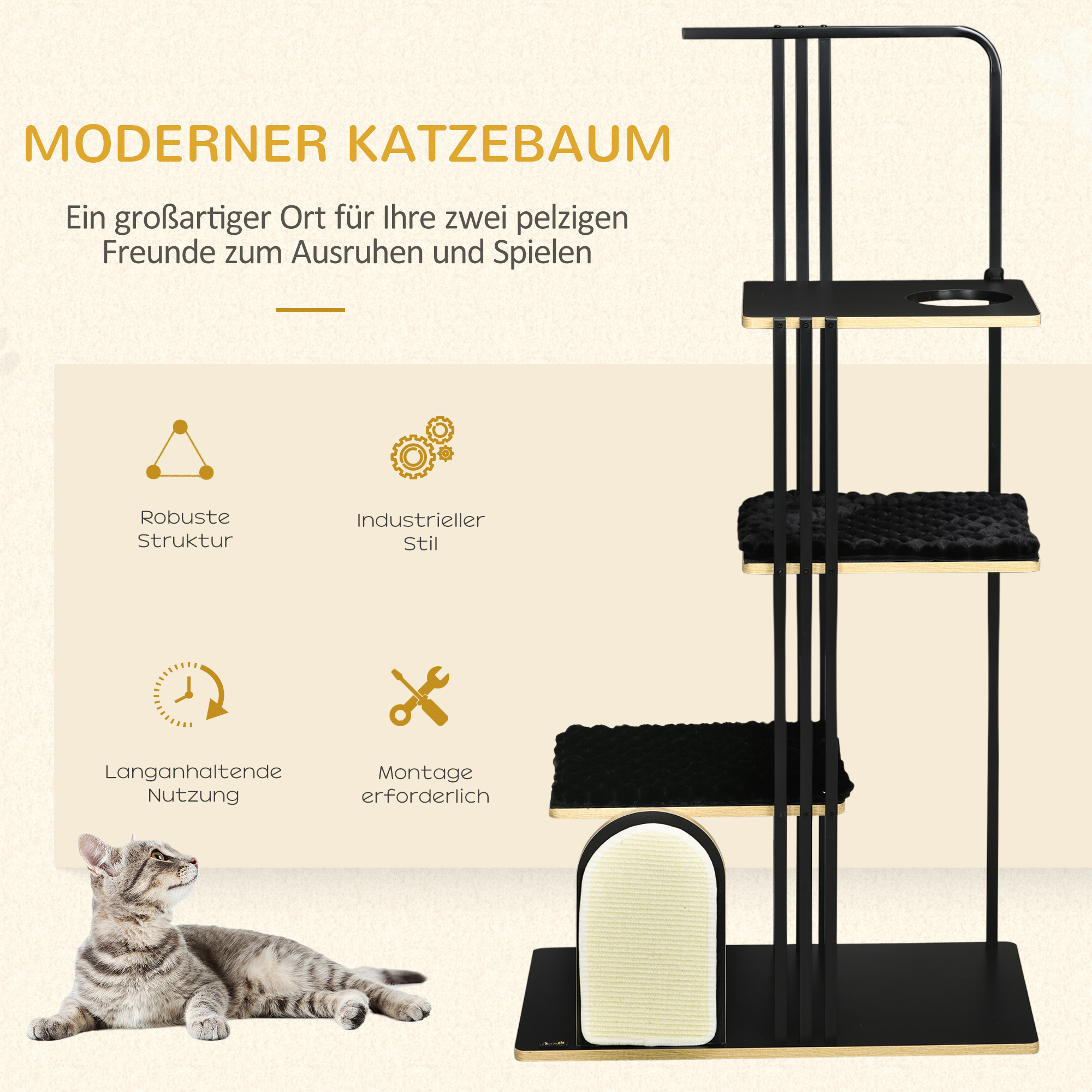 Kratzbaum, Industrial Design, 3 Plattformen, 2 Liegekissen, Kratzwand, Stahlrahmen, schwarz, 85 x 48 x 170 cm