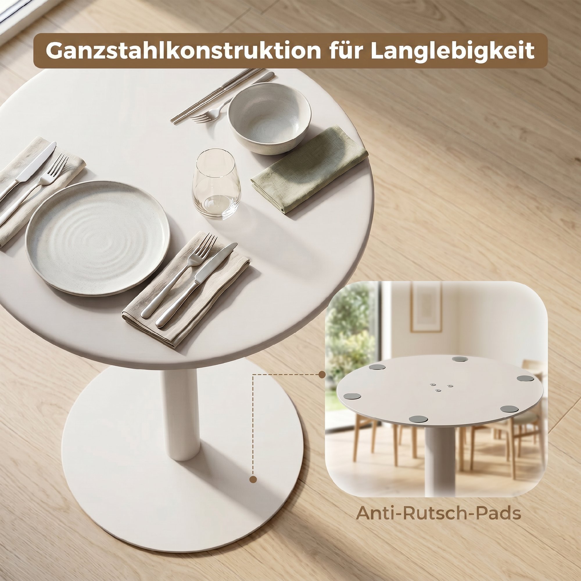 runder Küchentisch für 2 Personen mit Stahlgestell, platzsparend, 60 x 60 x 72 cm, Beige