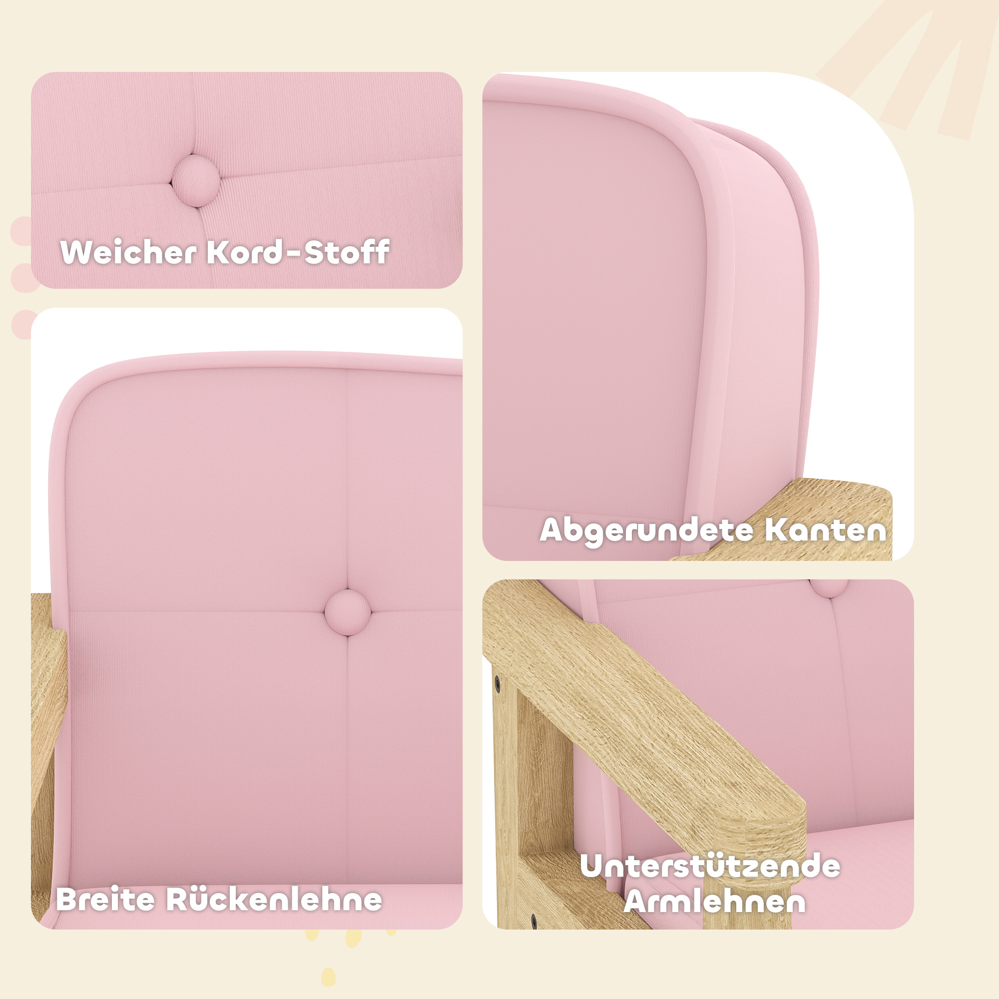 Kindersessel Kindersofa mit Kord-Optik, massiven Holzfüßen Sessel aus Schaumstoff Kinderstuhl für Kinderzimmer, Spielzimmer, 46,5 x 44 x 45 cm, für Kinder 3-8 Jahre Rosa