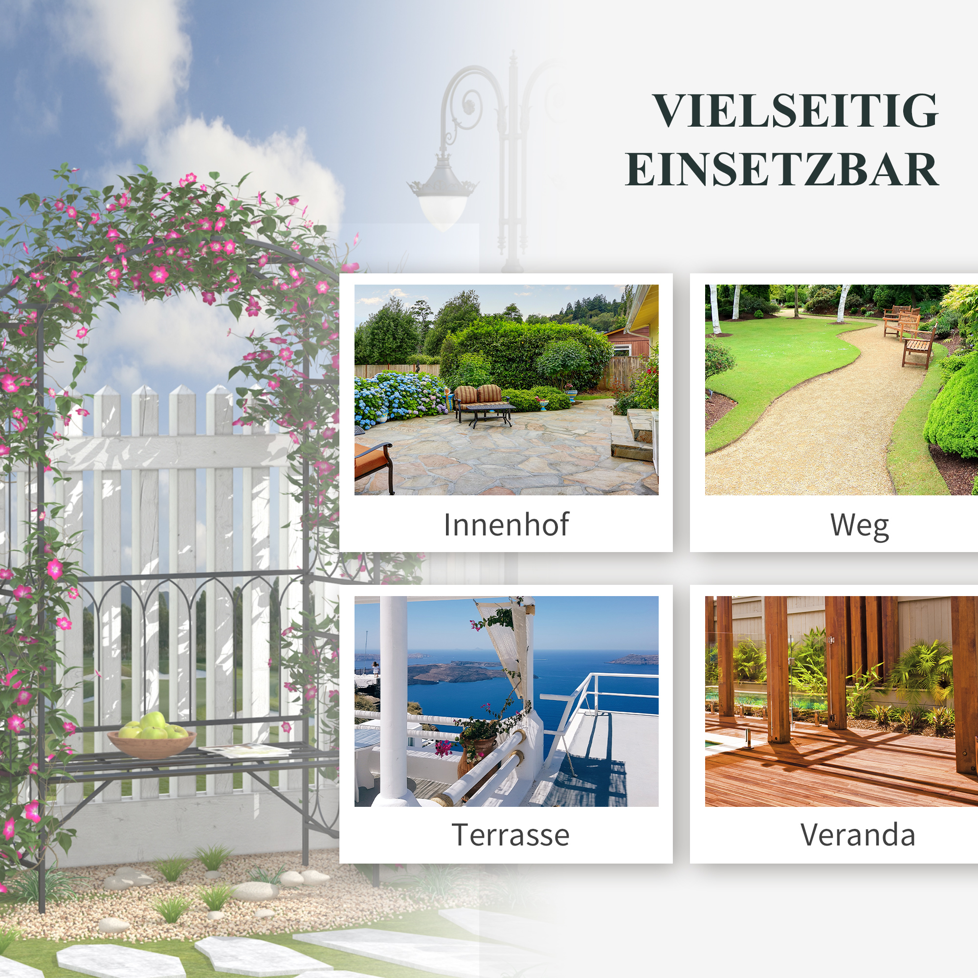 Rosenbogen mit Bank Rosenbank Laubenbank Philosophenbank Rankgitter Rankhilfe Gartenbank Metall Schwarz 115 x 50 x 203 cm