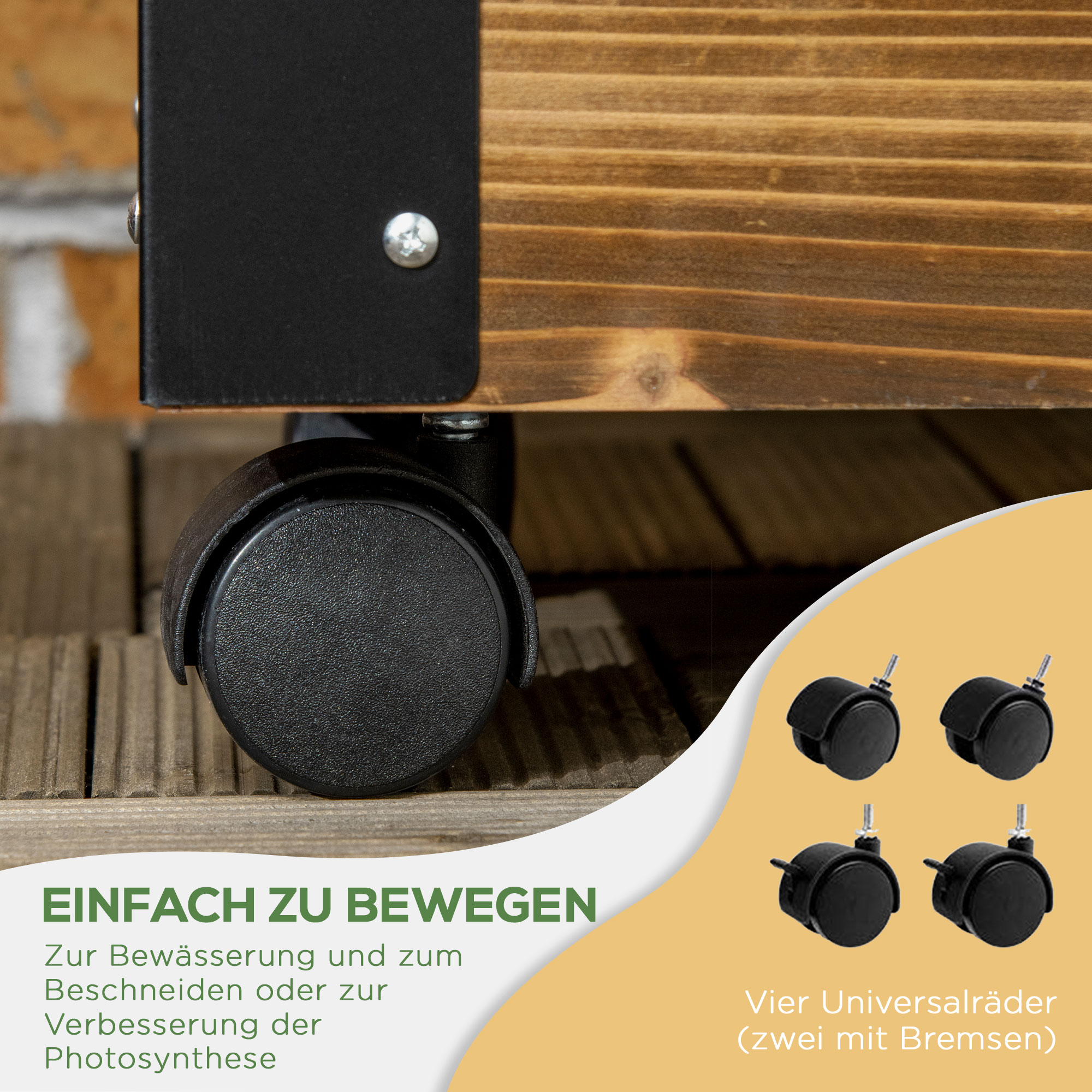 Hochbeet mit Rankhilfe, 4 Rollen, behandeltes Massivholz, 65 cm x 31 cm x 147 cm, Schwarz + Braun