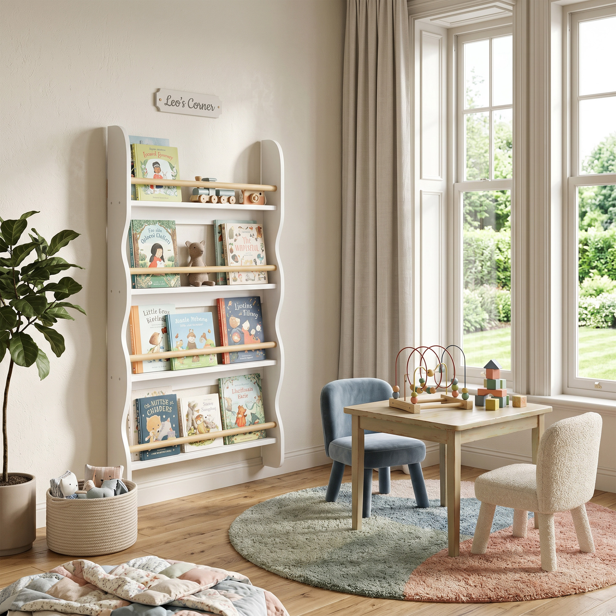 Bücherregal Kinder, Kinderregal mit 4 Regal, Wandregal mit Kippschutz Montessori 60 x 10 x 98 cm, Weiß