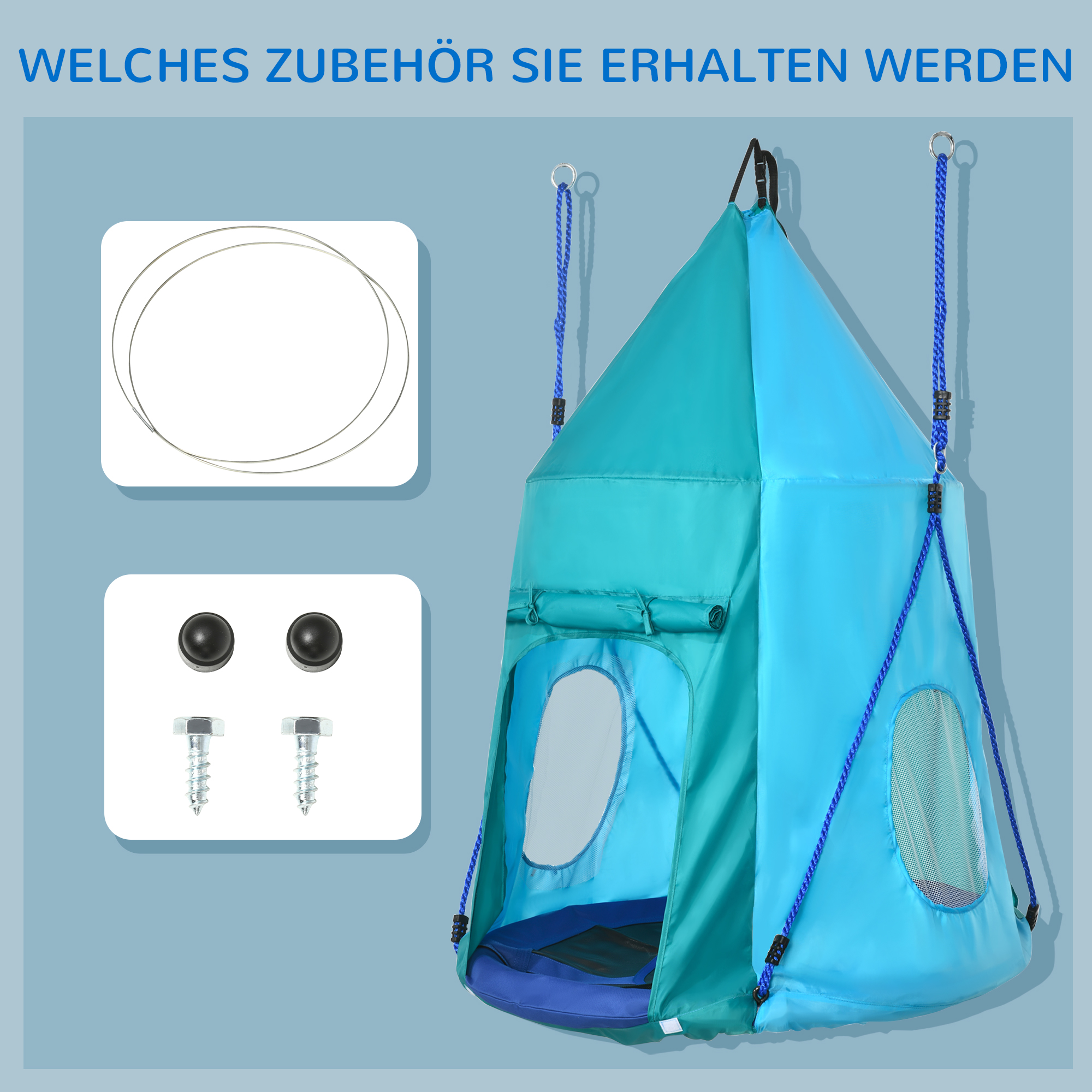 Nestschaukel mit Zelt, Ø100 cm, längenverstellbare Seile, wasserdicht, bis 150 kg belastbar, blaugrün