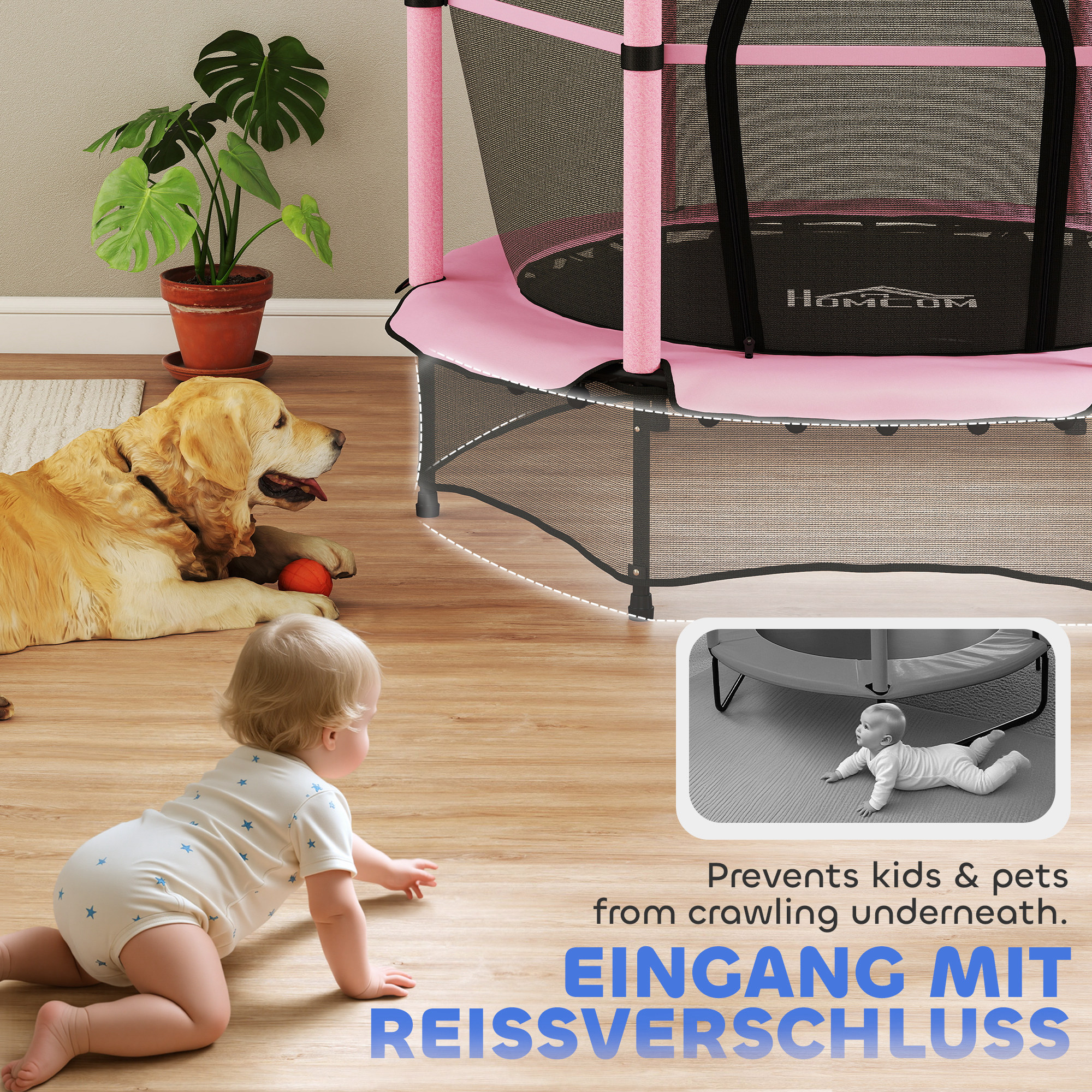 Trampolin für Kinder, Ø140 cm, mit Sicherheitsnetz, für innen und außen, Stahl, Kunststoff, belastbar bis 50 kg, Rosa