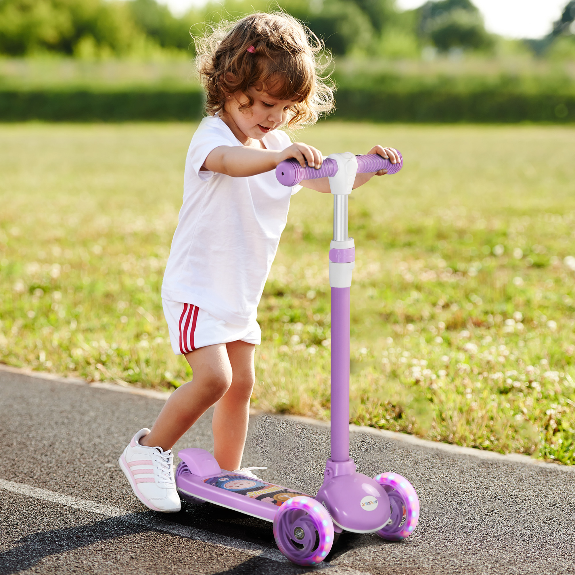 Kinderroller, LED-Räder, sanfte Fahrt, anpassbare Höhe, Kunststoff, Stahl, Lila