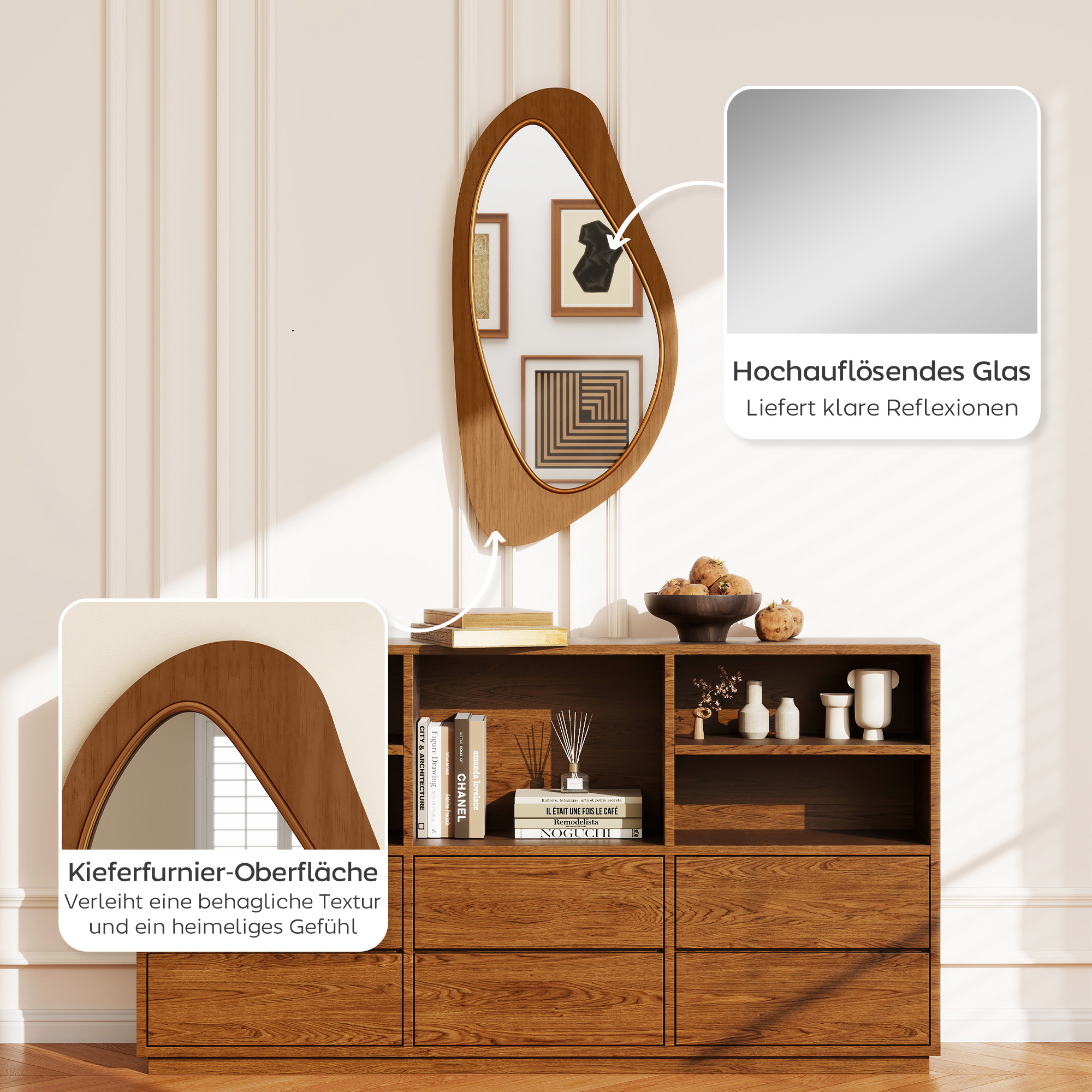 Wandspiegel Fenster Spiegel mit Kieferfurnierrahmen für Schlafzimmer Wohnzimmmer, 91,5 x 45 x 3 cm, Naturholz