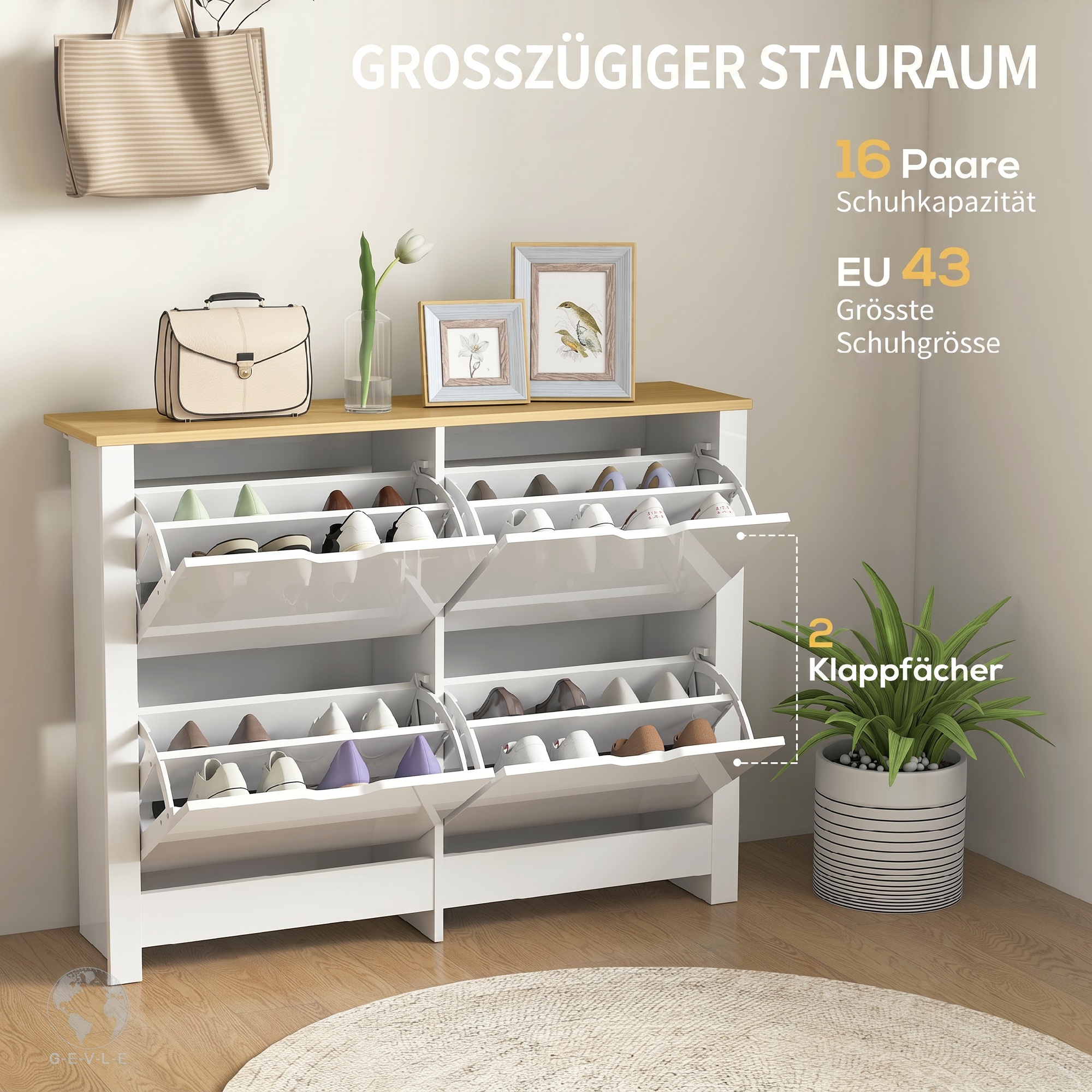 Schuhschrank Schmal mit 4 Klappfächern für 8–16 Paar Schuhe, 105 x 26 x 80 cm, Weiß+Natur