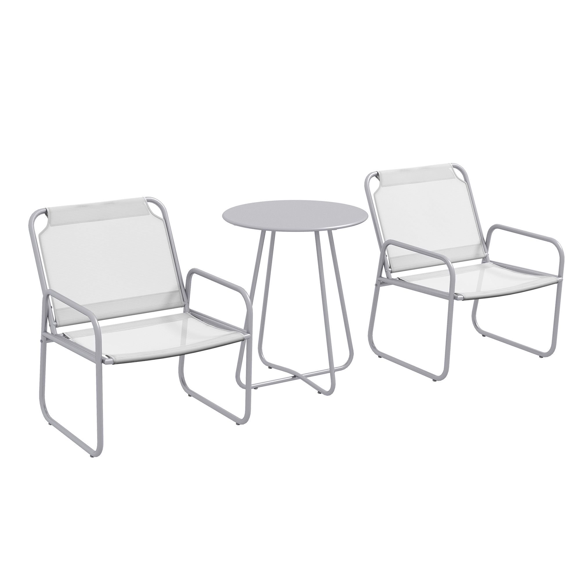 3-teiliges Gartenmöbelset, 2 Stühle mit atmungsaktivem Stoffbezug, 1 runder Tisch Ø60 cm, Hellgrau 3-teiliges Gartenmöbelset, 2 Stühle mit atmungsaktivem Stoffbezug, 1 runder Tisch Ø60 cm, Hellgrau