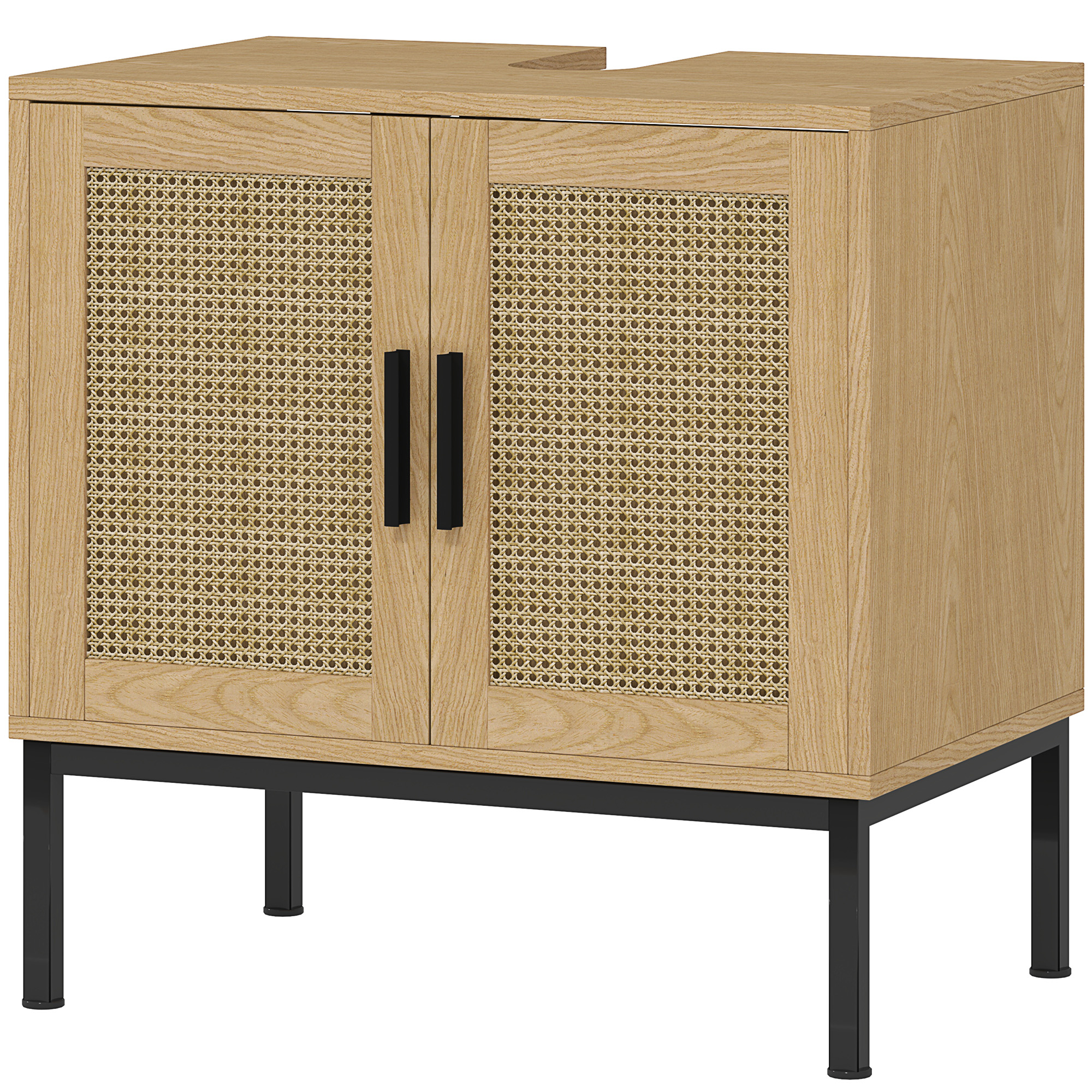 Badezimmerunterschrank, im Boho-Design, Badezimmerschrank, Rattan-Elemente, mit U-Ausschnitt, Eiche Badezimmerunterschrank, im Boho-Design, Badezimmerschrank, Rattan-Elemente, mit U-Ausschnitt, Eiche