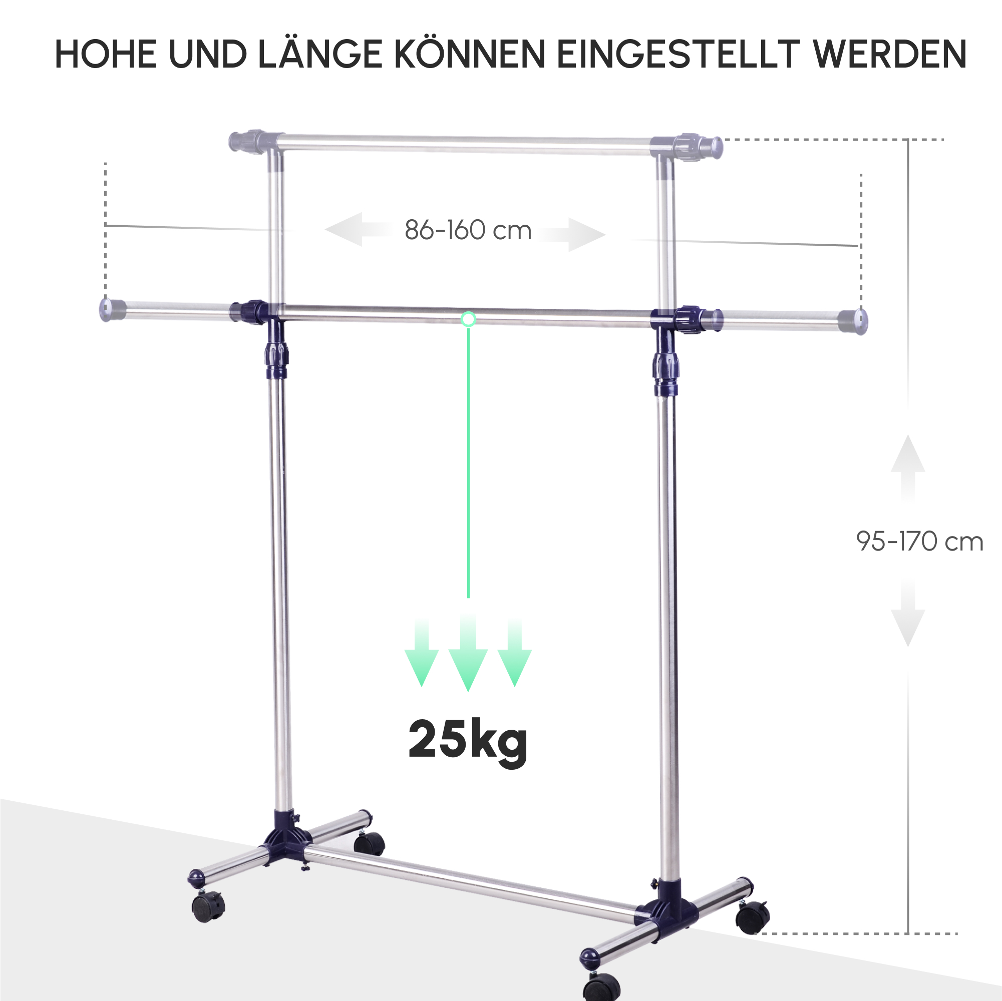 Garderobenständer Kleiderständer mit Rollen Höhenverstellbare und Ausziehbare Kleiderstange Wäscheständer Freistehender Garderobe für Eingangsbereich Edelstahl 86 x 45 x 95 cm