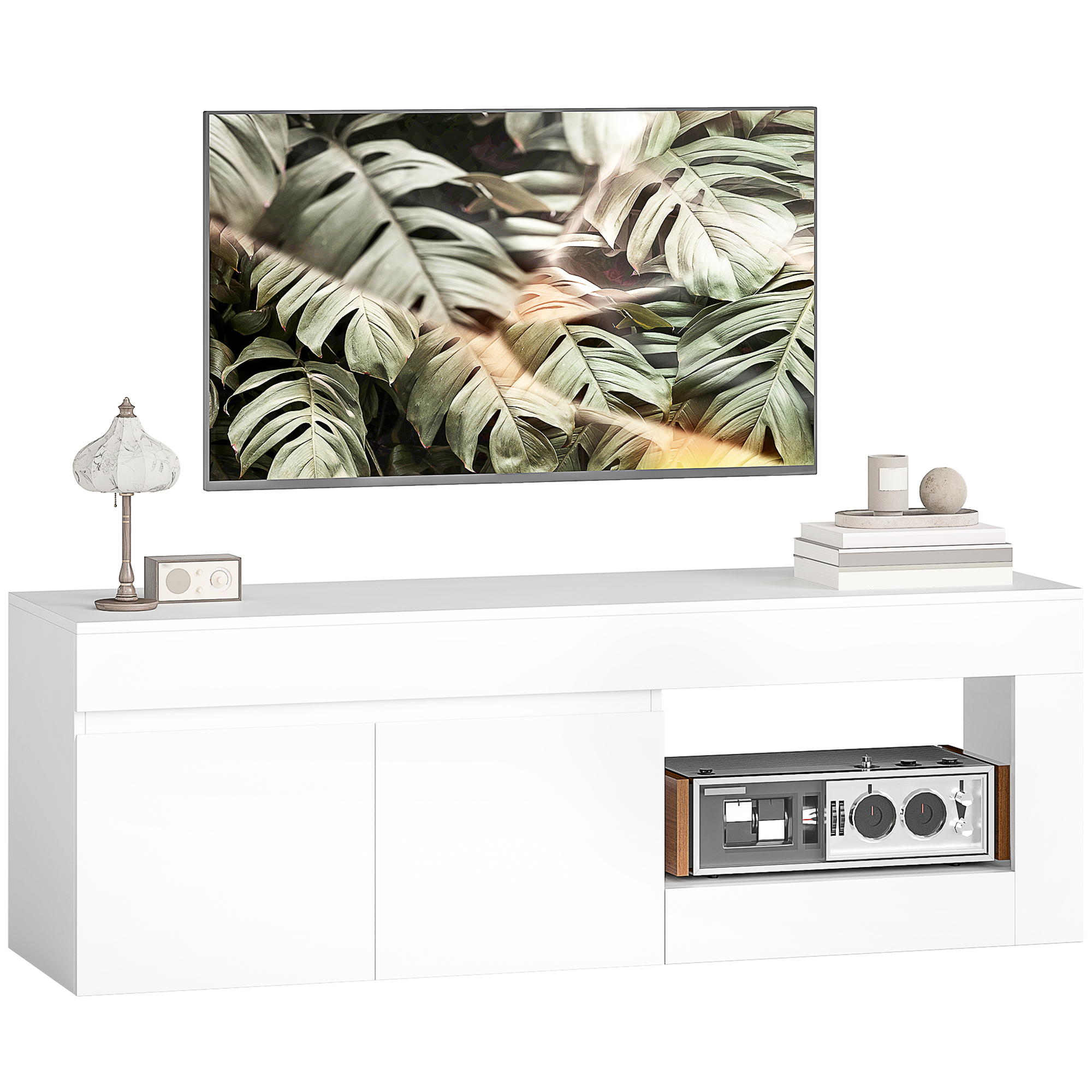 modernes TV-Lowboard fürs Wohnzimmer mit 2 Türen, offenem Fach und Griffen, für TVs bis 60 Zoll, 140 x 40 x 48 cm, Weiß