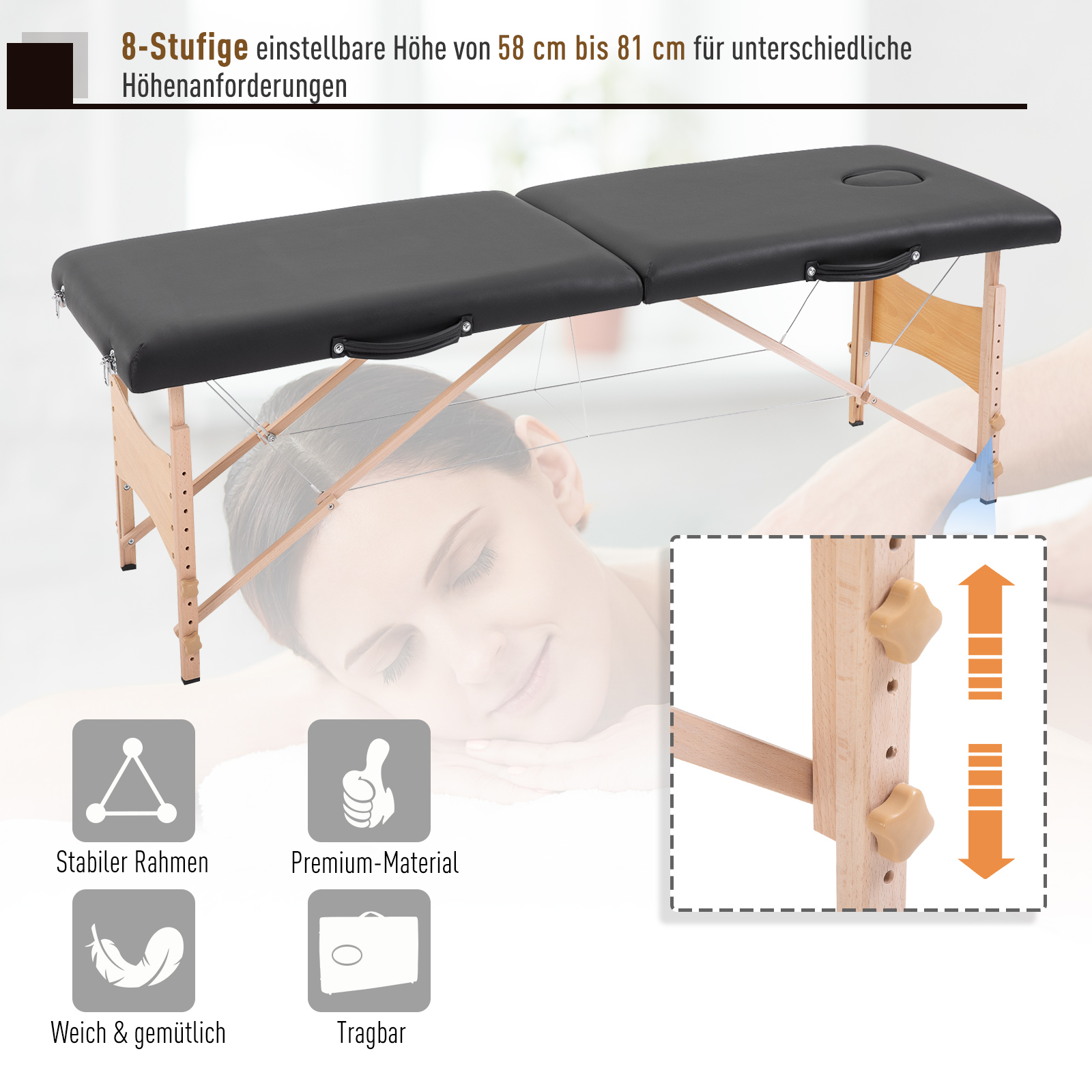 Massageliege 3 Zonen klappbar Massagetisch mit Kopfstütze Armlehne Tragetasche Holzfüßen höhenverstellbare Massagebett tragbar Kosmetikliege für Tattoo Spa Salon Schwarz