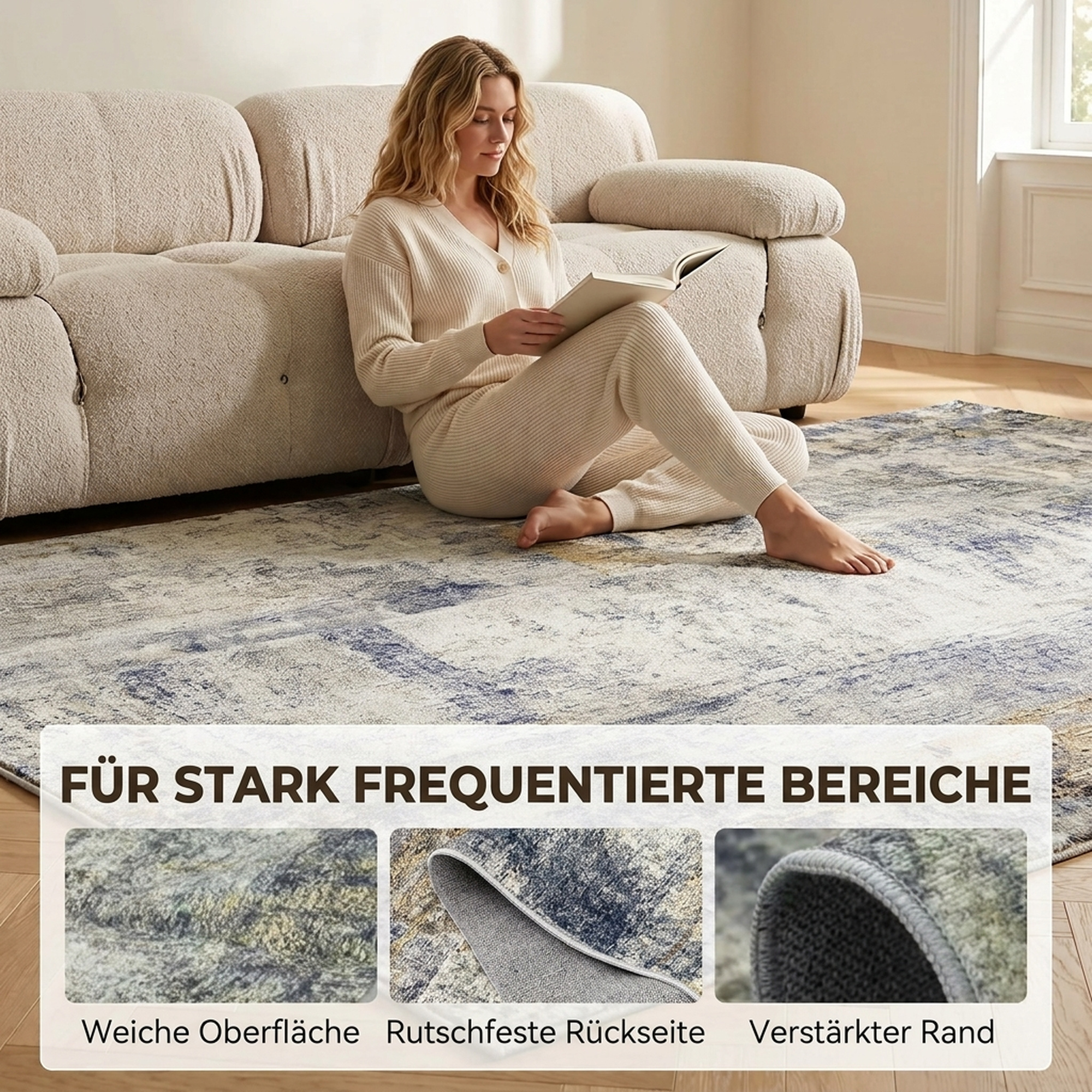 Wohnzimmerteppich, Polyester, modernes künstlerisches Muster, waschbar, Grau