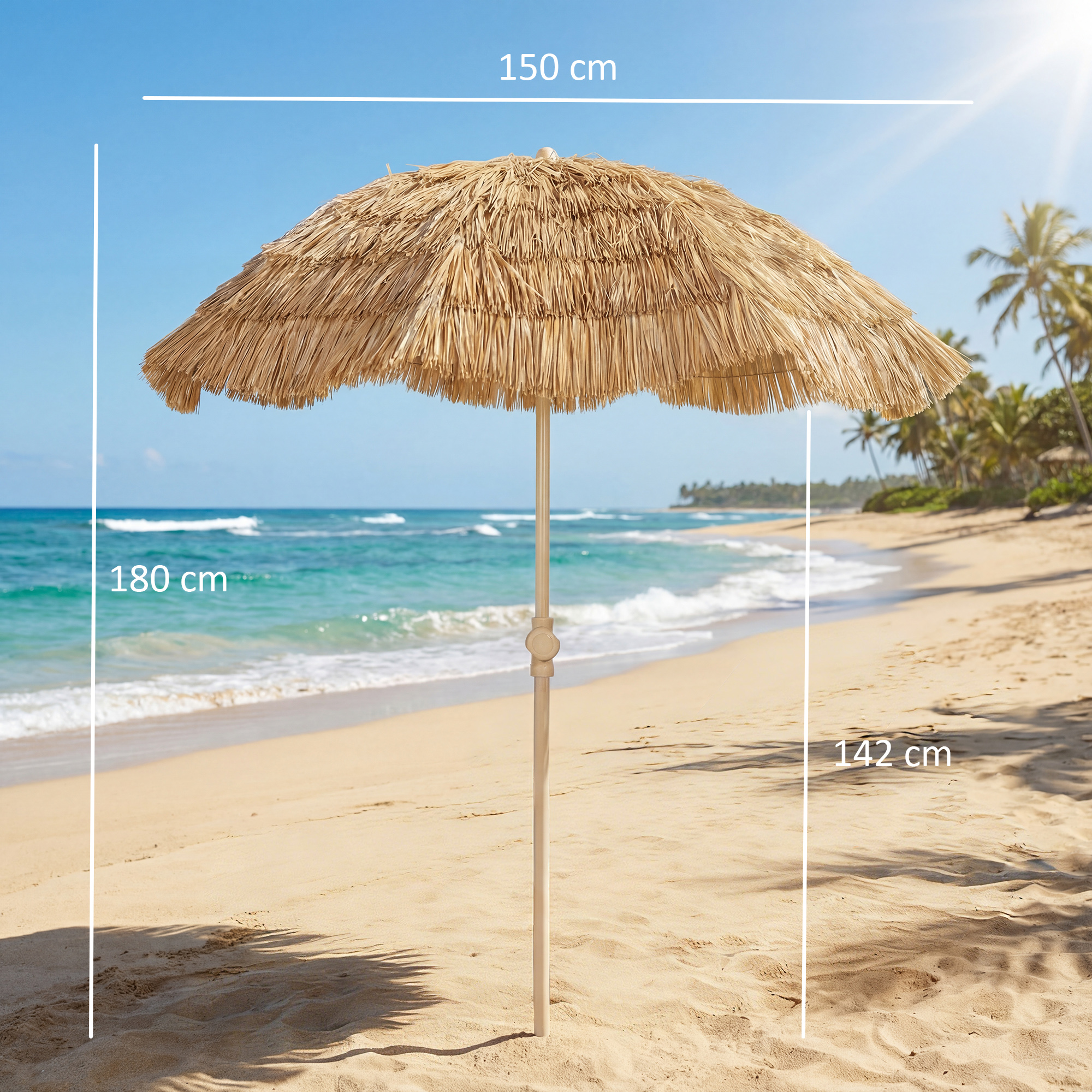 150 cm Hula Strohdach Tiki Strand- und Gartenschirm mit Sandanker, verstellbarer Höhe und Neigefunktion, Strohdach Sonnenschirm