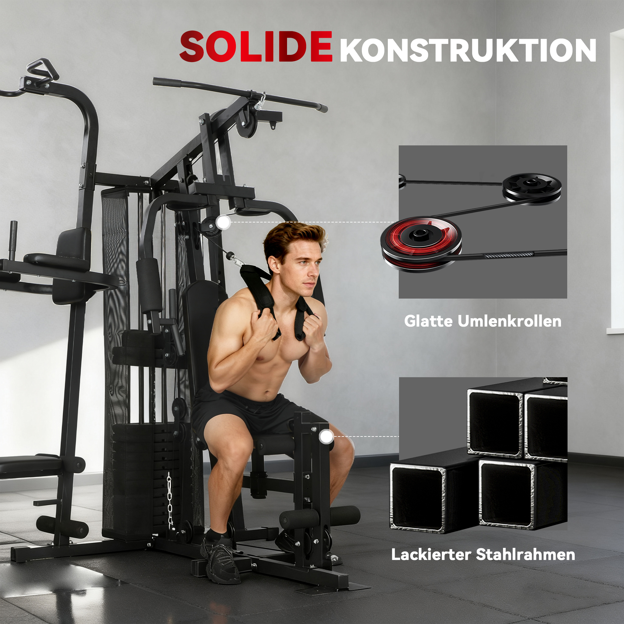 Multifunktions-Trainingsstation, Heimfitness-Maschine für über 10 Übungen, Gewichte, anpassbare Fitnessbank, Schwarz