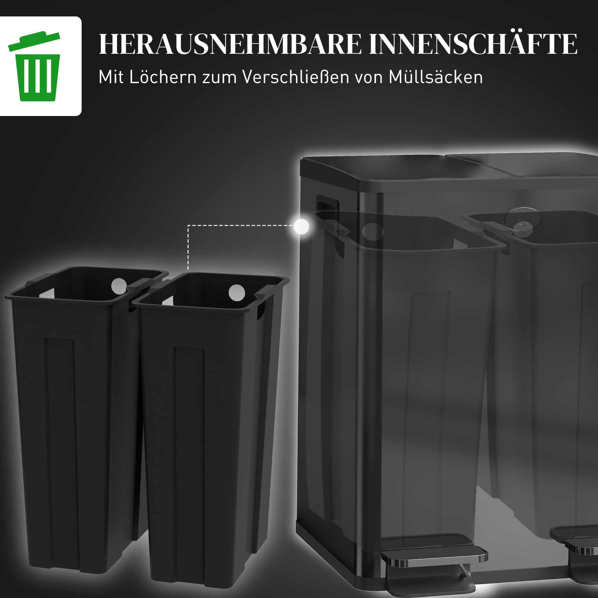 2 x 20 L Doppelmülleimer, Pedalöffnung, leicht zu reinigen, Edelstahl, Kunststoff, Schwarz
