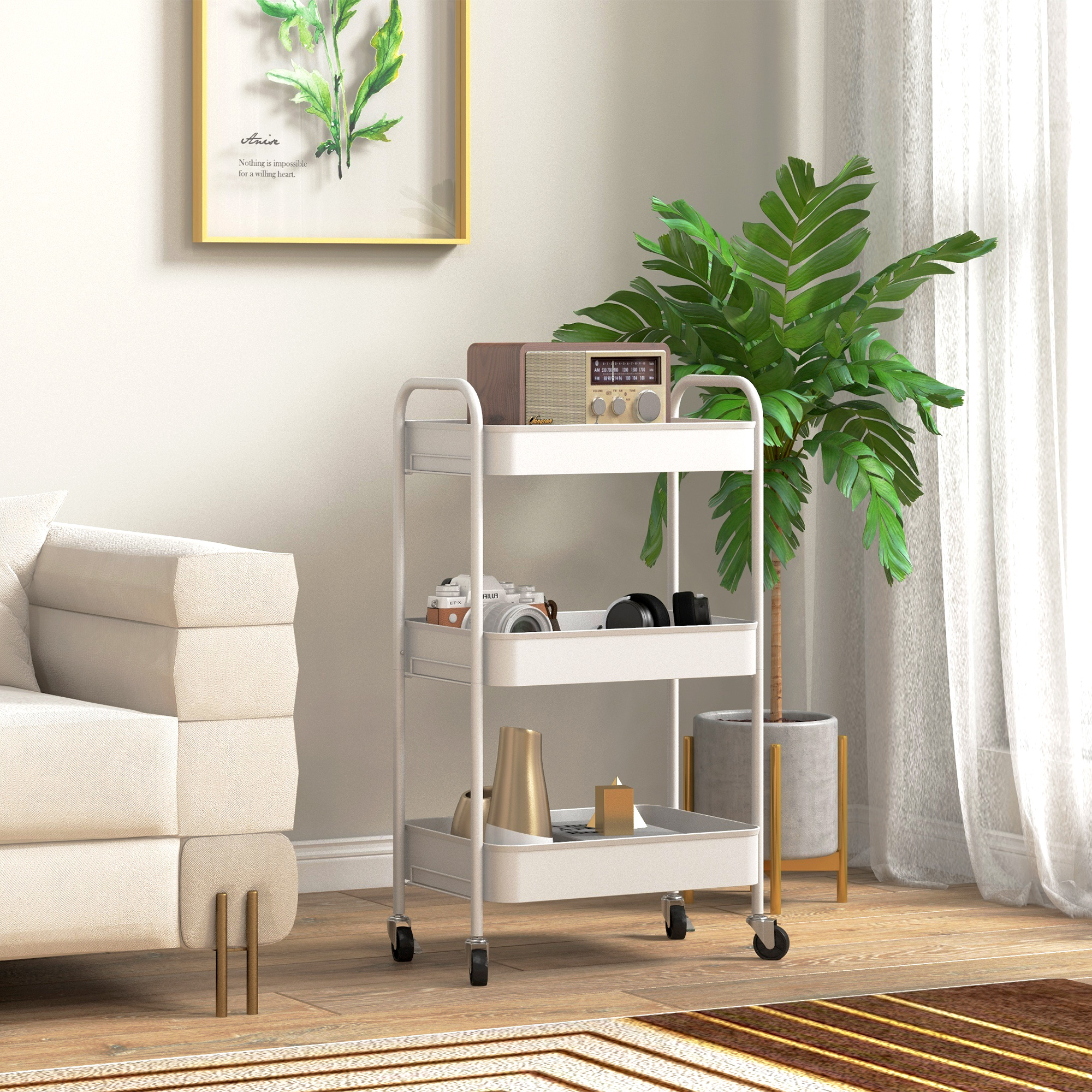 Mehrzweckwagen Rollwagen Küchenwagen, 3 Regale, 4 Rollen, 45 cm x 30,6 cm x 79 cm, Weiß