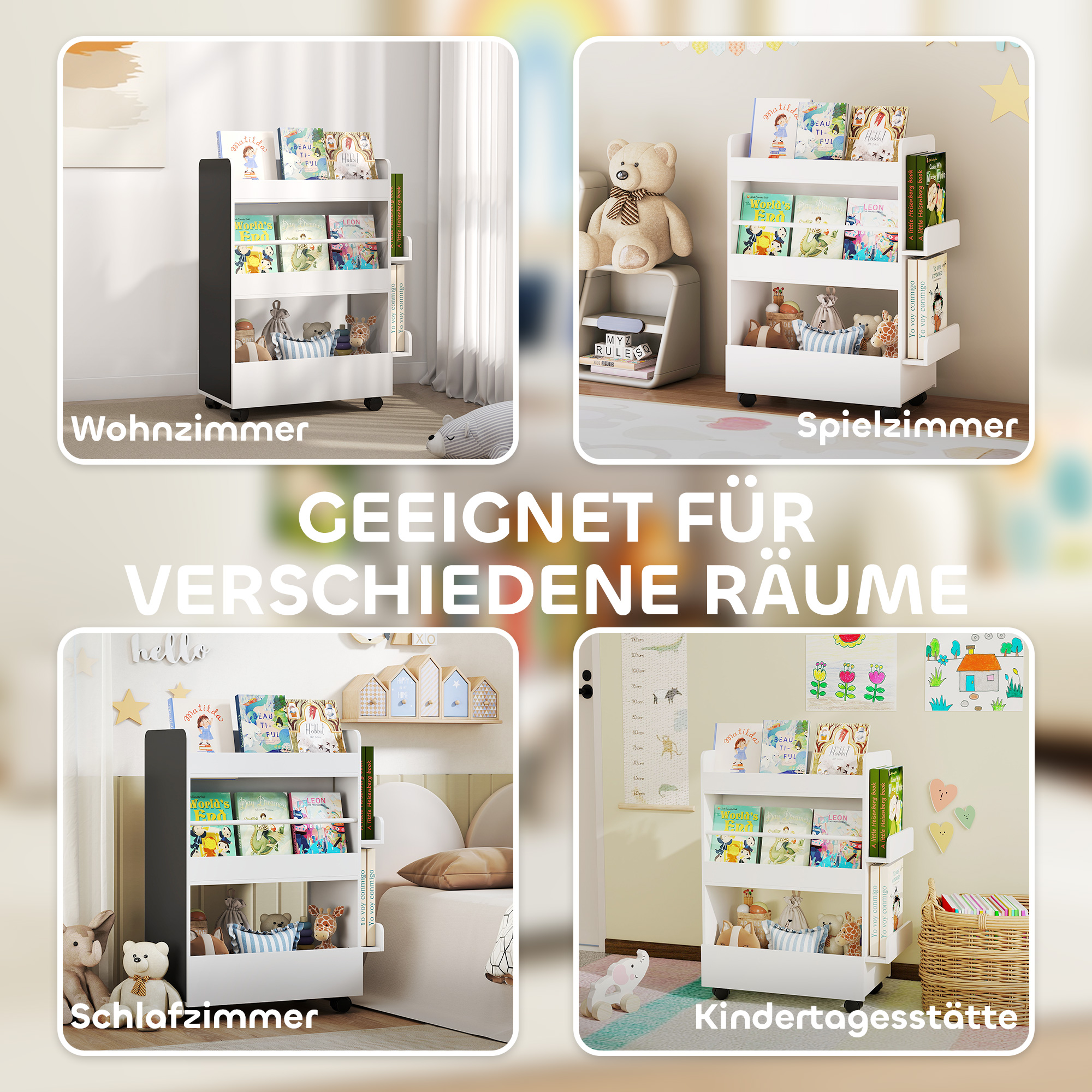 Kinder Bücherregal mit 4 Regalen, Bodenfach, 2 Seitenteile, Tafel, Rollen, für 3-8 Jahre, 66,5x32,5x86,5 cm Weiß