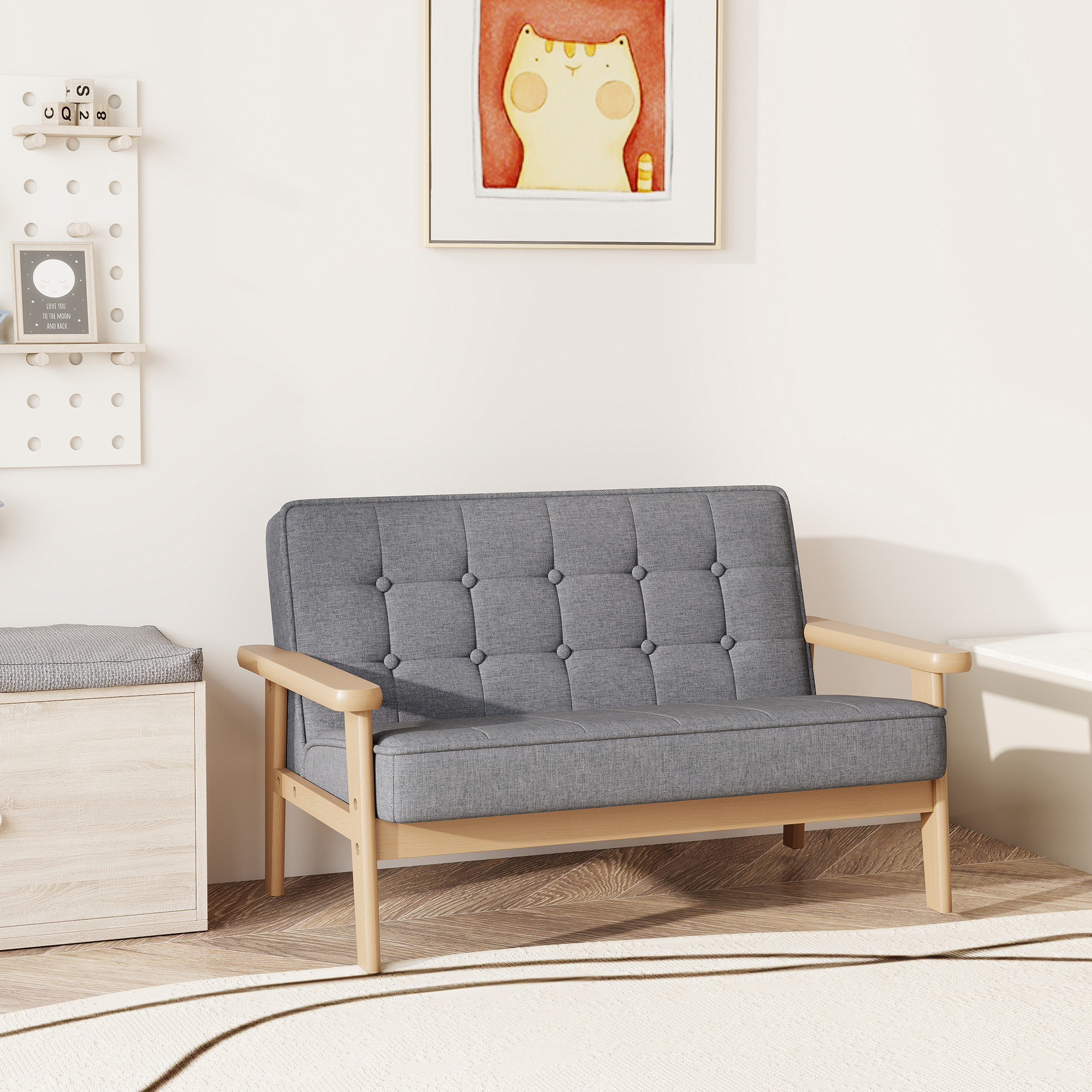 Kindersessel, Kindersofa mit Holzrahmen, Samtoptik, gepolstert, für Kinder von 3-15 Jahren Grau