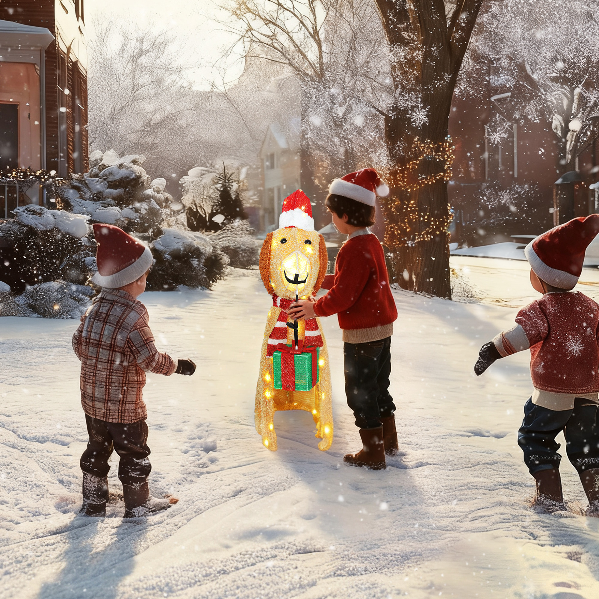 Weihnachtsdekoration, Beleuchteter Weihnachtswelpe mit 74 warmweißen LED-Lichtern, 64 x 20 x 70 cm, Gelb