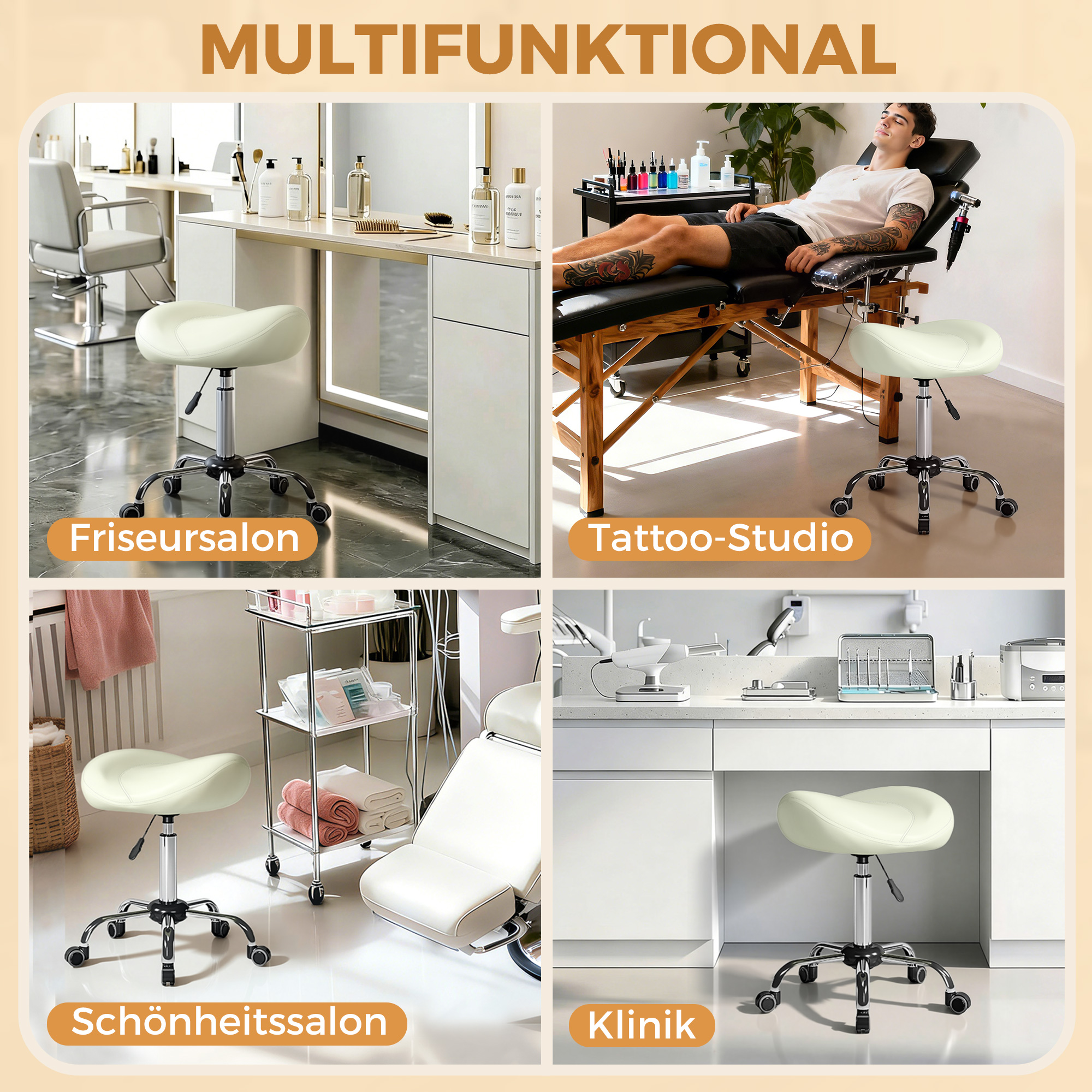 Sattelstuhl, höhenverstellbarer Rollstuhl mit PU-Leder für Massage, Spa, Klinik, Beauty und Tattoo, Cremeweiß