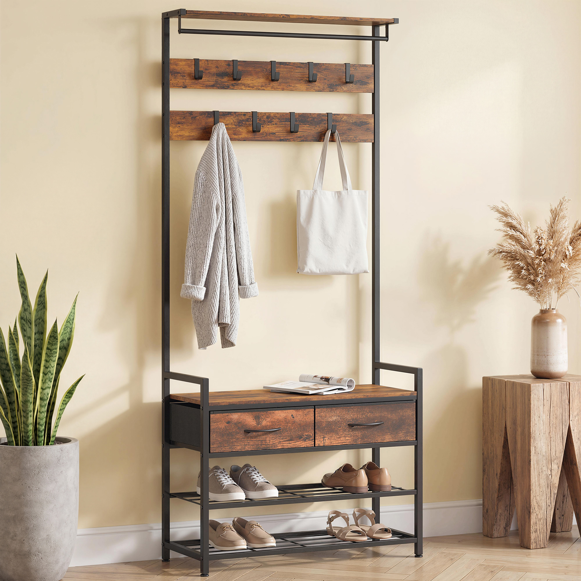 Garderobenständer mit Kleiderhaken, Schuhbank, Industrieller Eingangs-Organizer, Stahlrahmen, Rustikal Braun