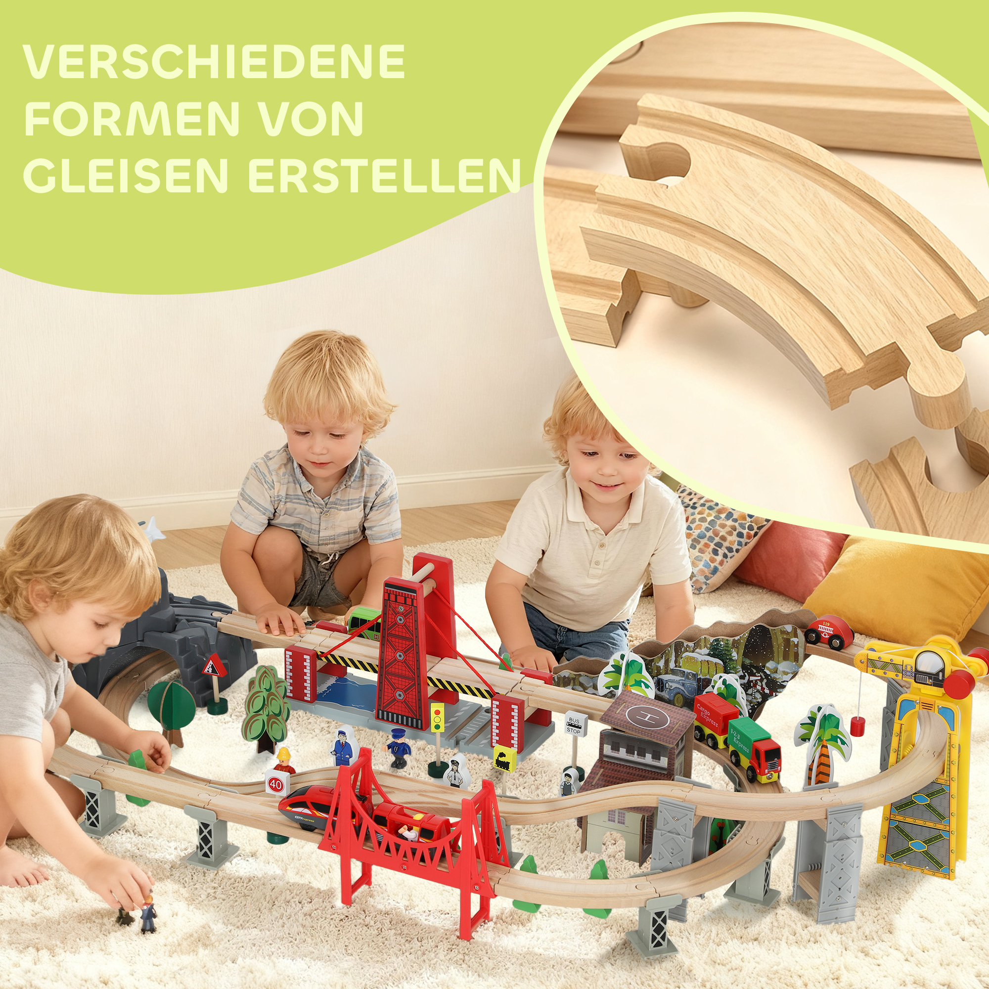 Holzzug-Set, 100 Teile, magnetischer Kran, Buchenholz, Bunt