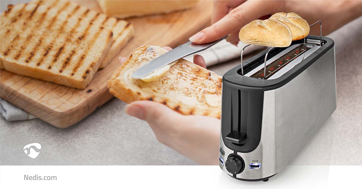 Toaster | Edelstahl Serie | 2 Brotscheiben | 1 Langer Schlitz | Bräunungsstufen: 6 | Auftaufunktion | Brötchenaufsatz | Aluminium